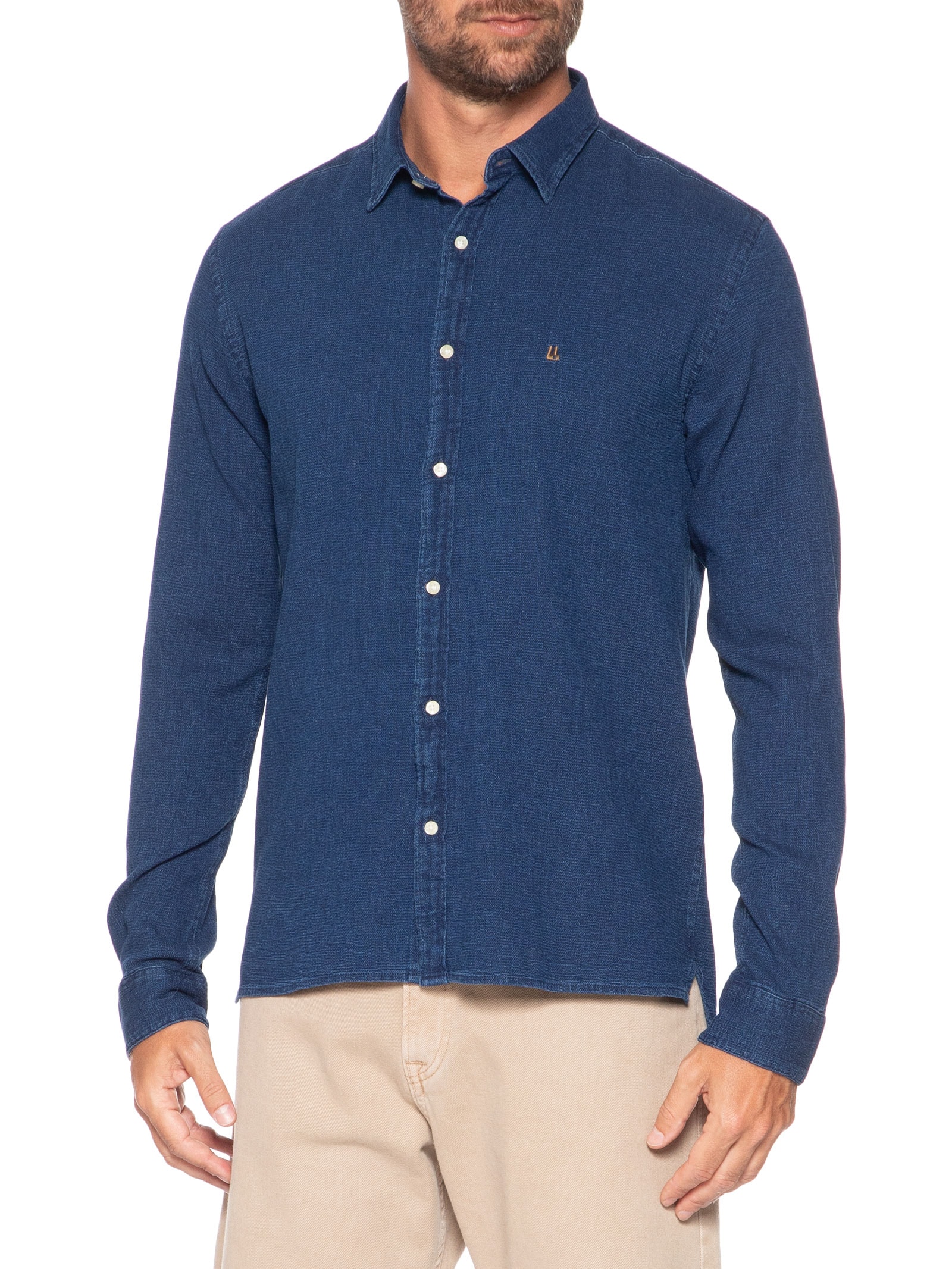Camisa Masculina Manga Longa Piquet Indigo Azul Foxton