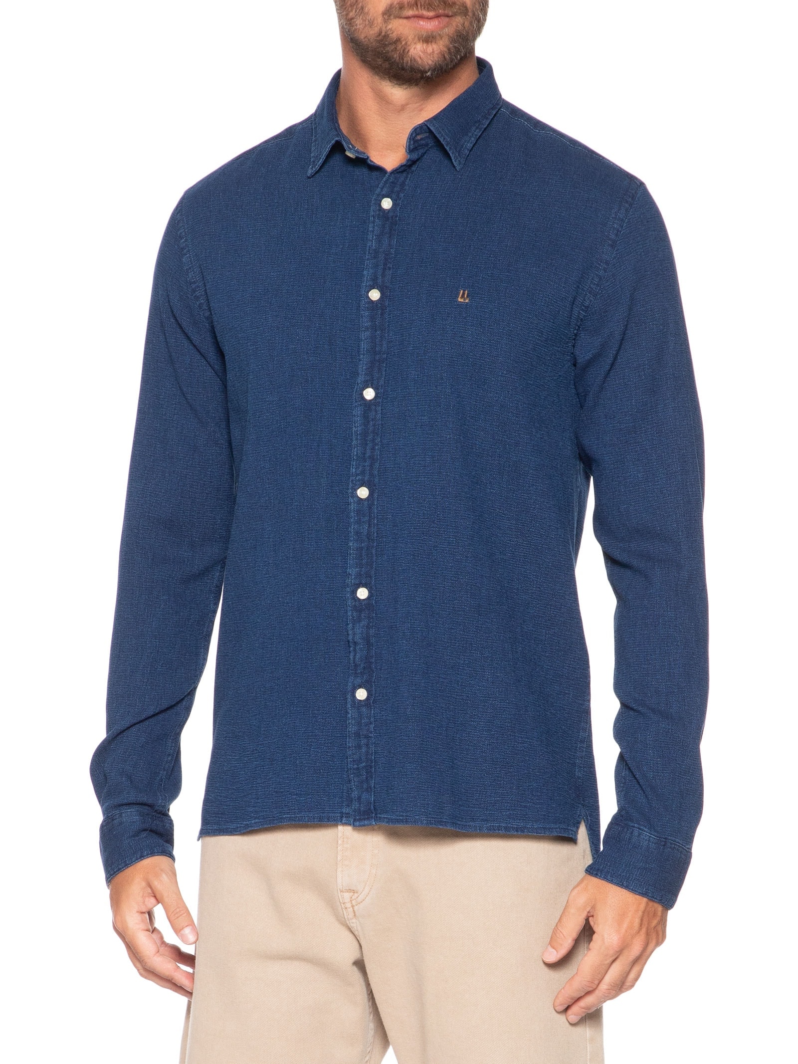 Camisa Masculina Manga Longa Piquet Indigo Azul Foxton