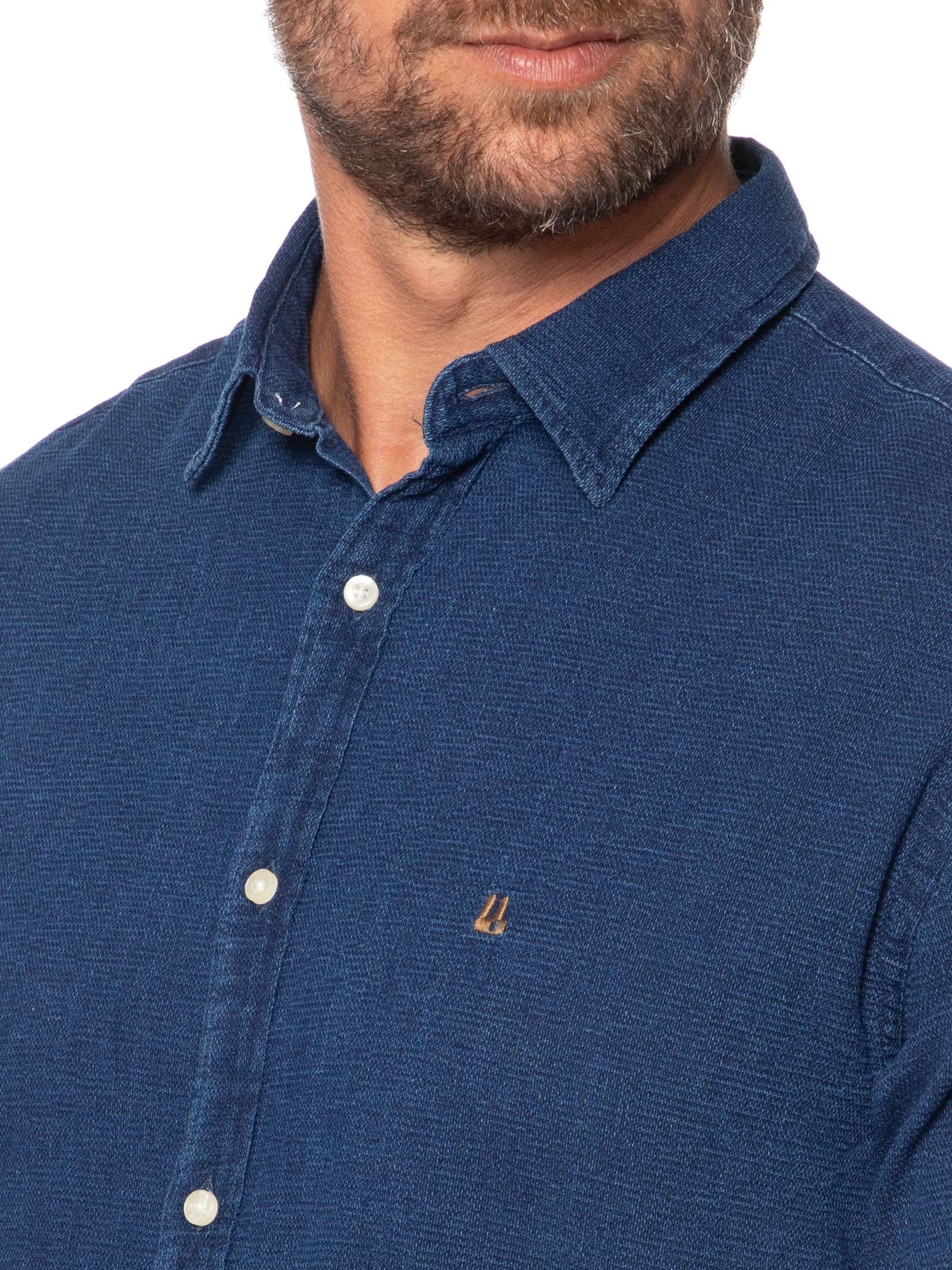 Camisa Masculina Manga Longa Piquet Indigo Azul Foxton