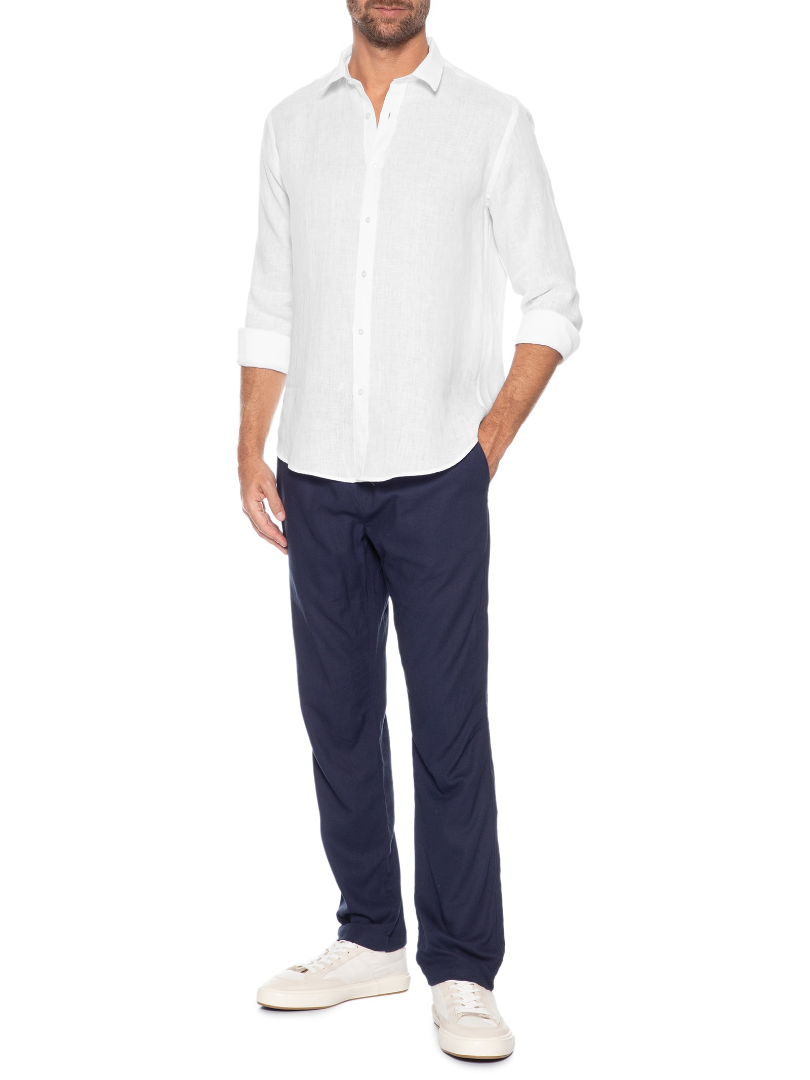 Camisa Masculina Manga Longa Puro Linho Branco Pineapple