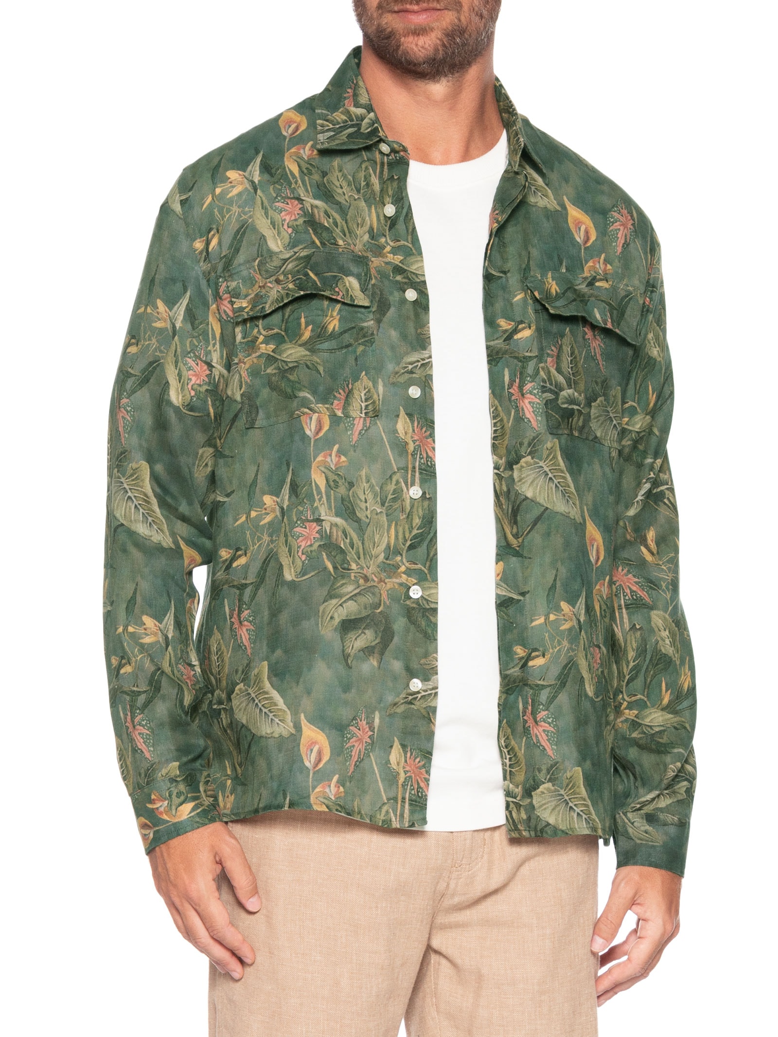 Camisa Masculina Manga Longa Puro Linho Floresta Verde Foxton