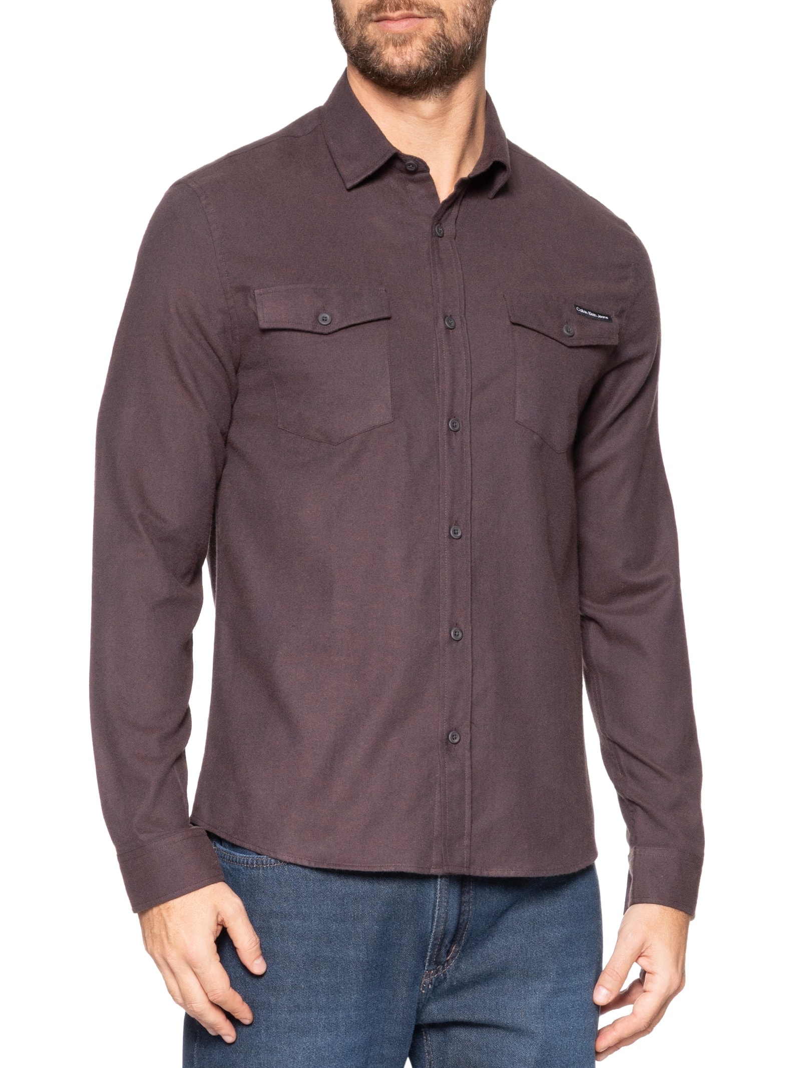 Camisa Masculina Manga Longa Regular Flanela Bolso Marrom Calvin Klein Jeans