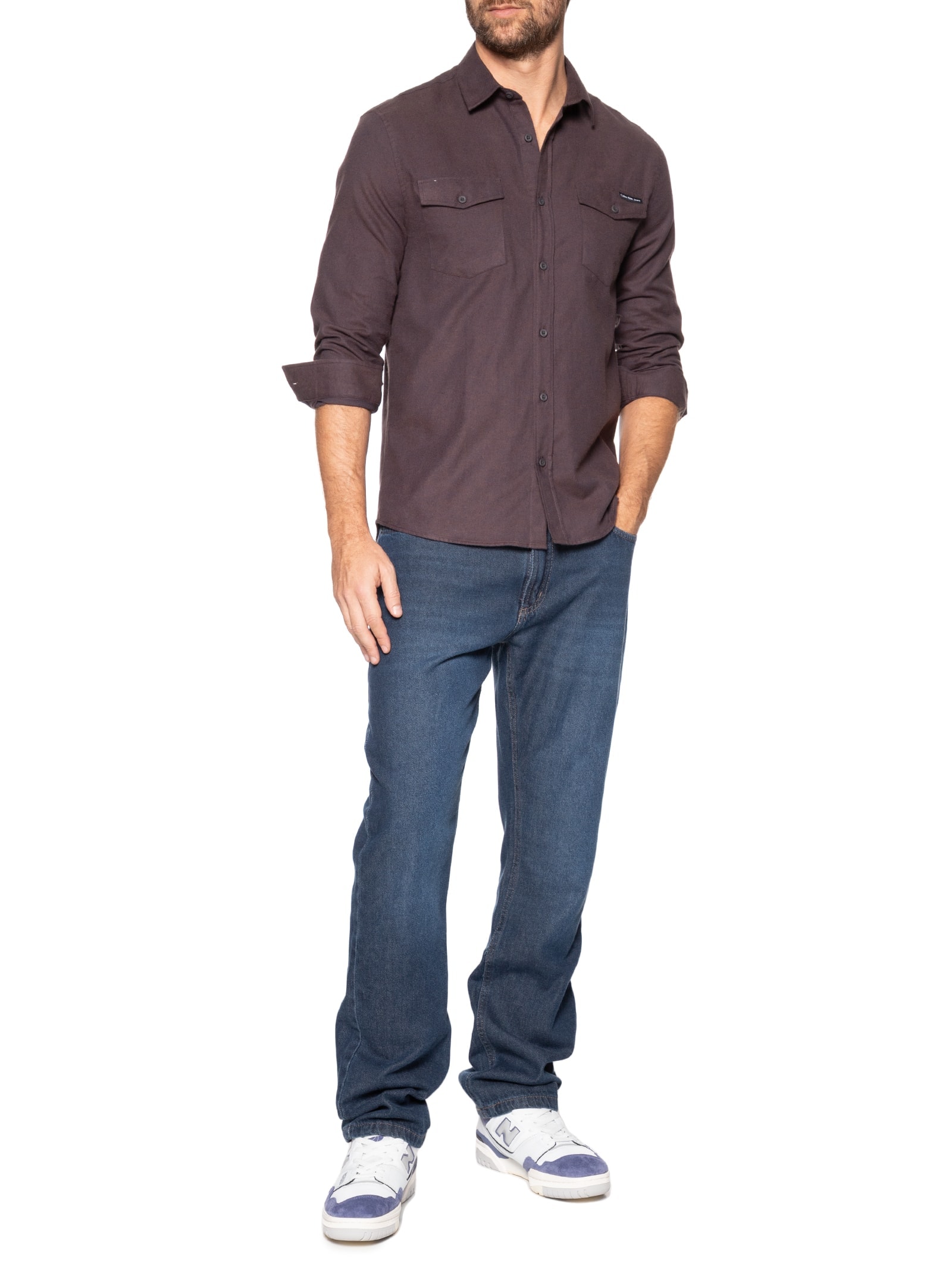 Camisa Masculina Manga Longa Regular Flanela Bolso Marrom Calvin Klein Jeans