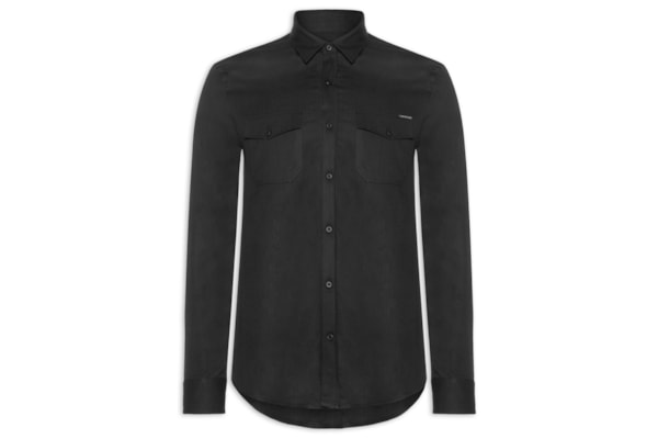 Camisa Masculina Manga Longa Sarja Com Bolsos - Preto