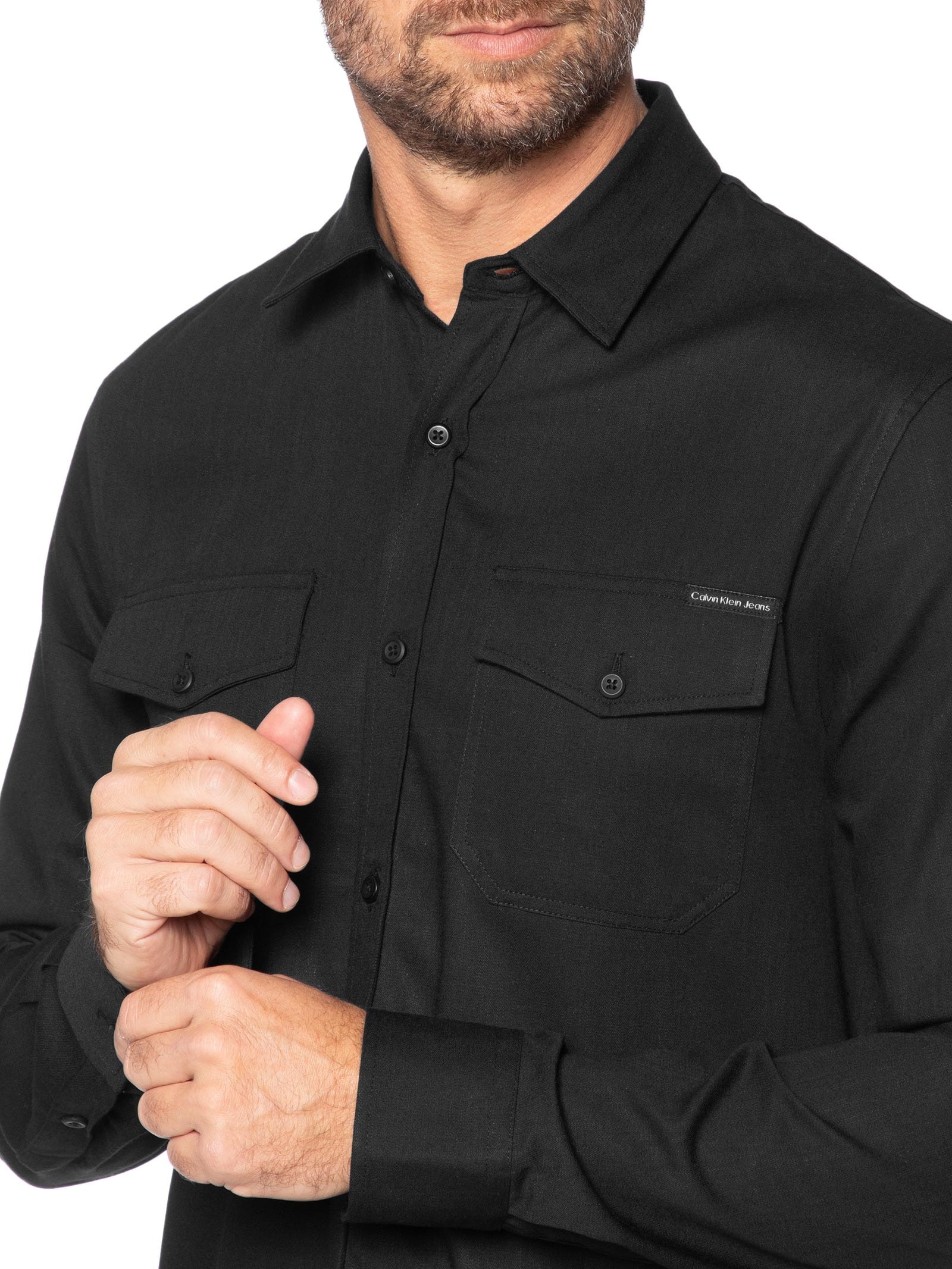 Camisa Masculina Manga Longa Sarja Com Bolsos Preto Calvin Klein Jeans