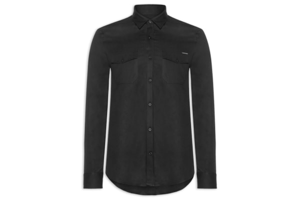 Camisa Masculina Manga Longa Sarja Com Bolsos - Preto