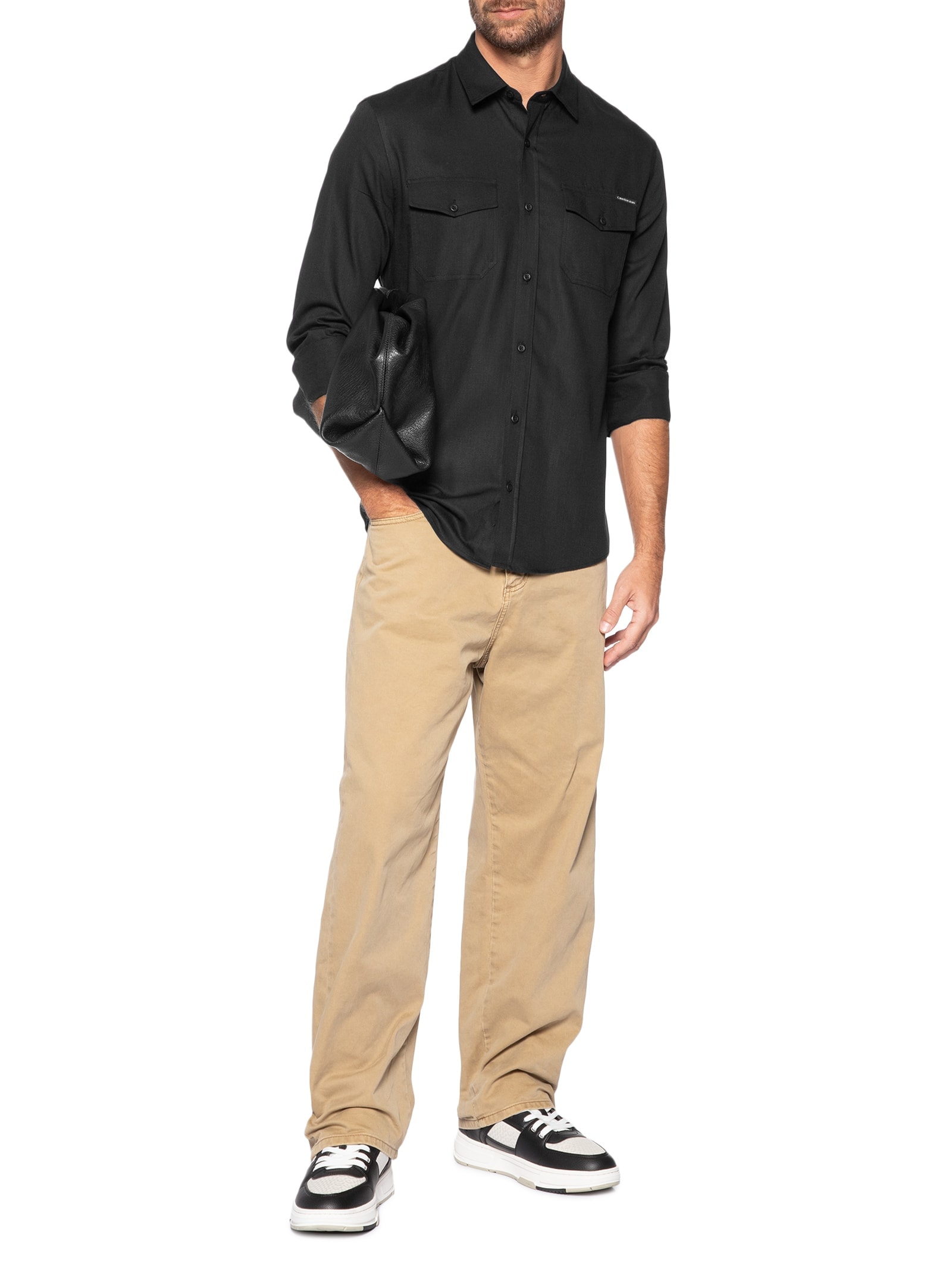 Camisa Masculina Manga Longa Sarja Com Bolsos Preto Calvin Klein Jeans