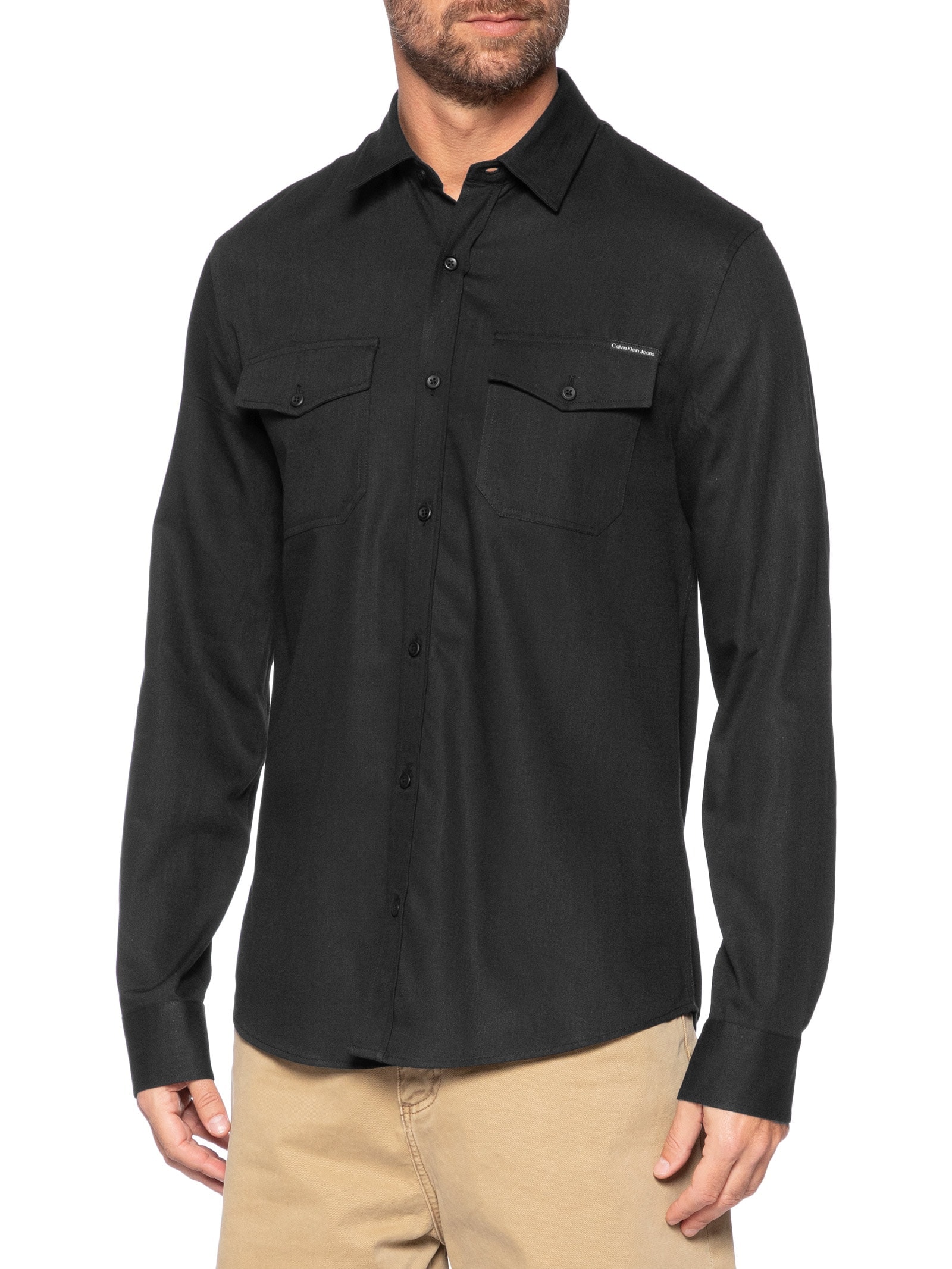 Camisa Masculina Manga Longa Sarja Com Bolsos Preto Calvin Klein Jeans