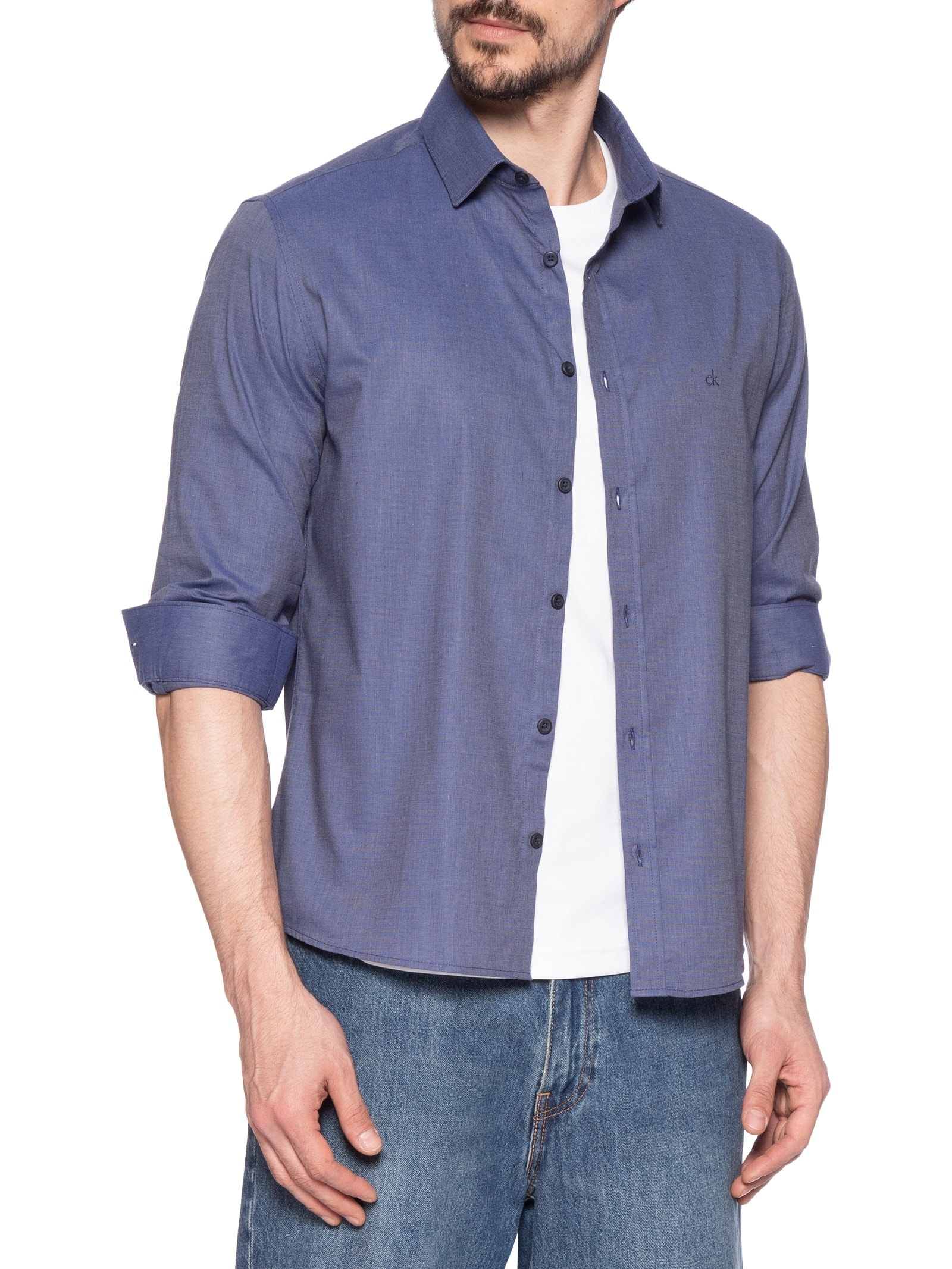 Camisa Masculina Manga Longa Slim Fil A Fil Azul Calvin Klein - White Label