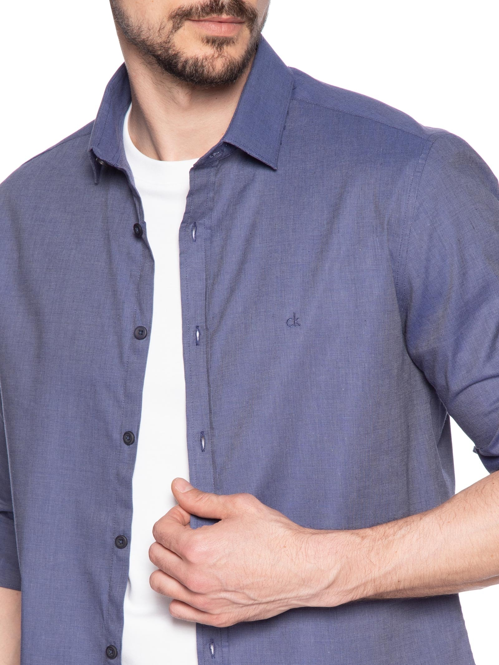 Camisa Masculina Manga Longa Slim Fil A Fil Azul Calvin Klein - White Label