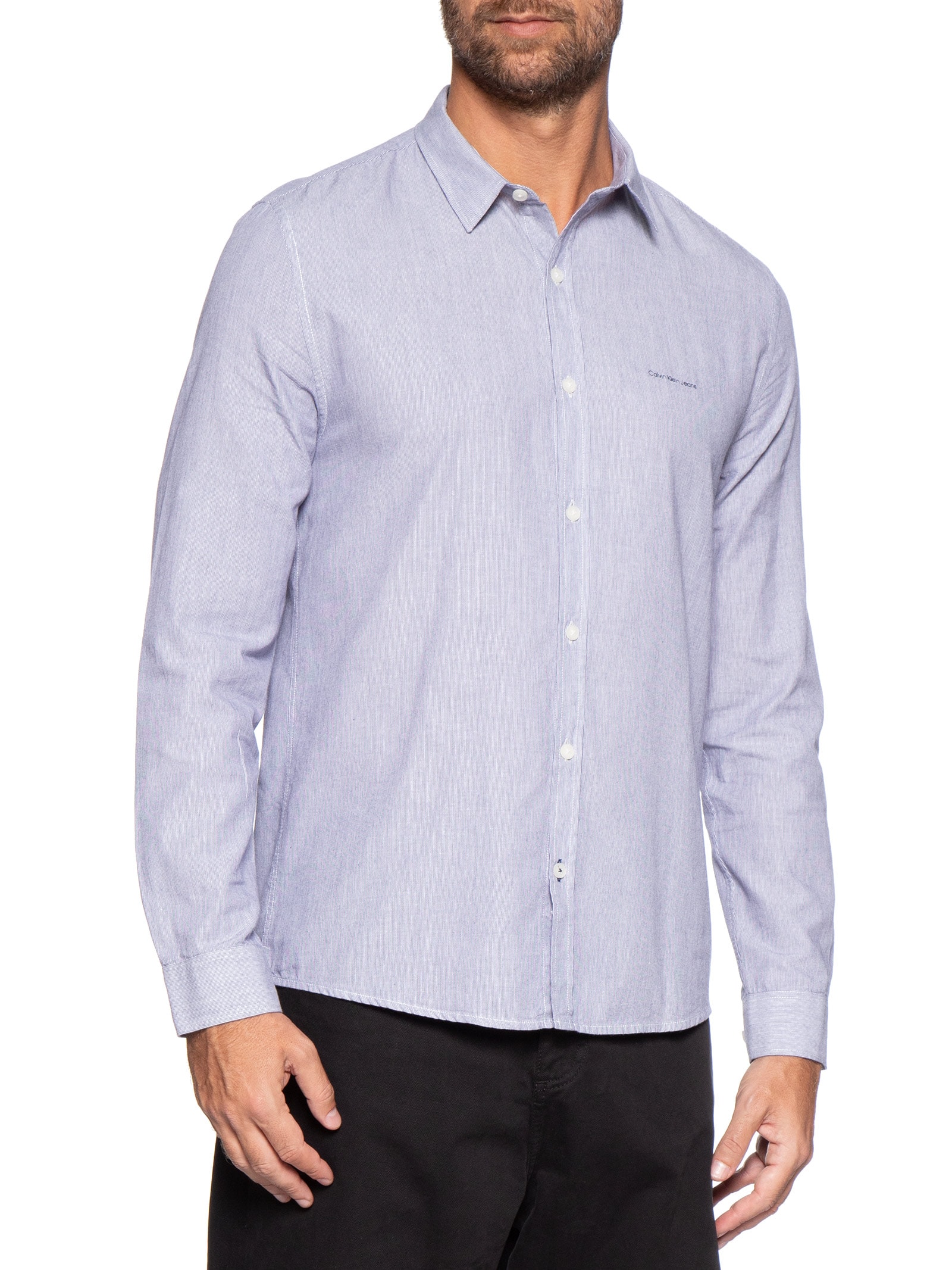 Camisa Masculina Manga Longa Slim Listrada Silk Logo Azul Calvin Klein Jeans