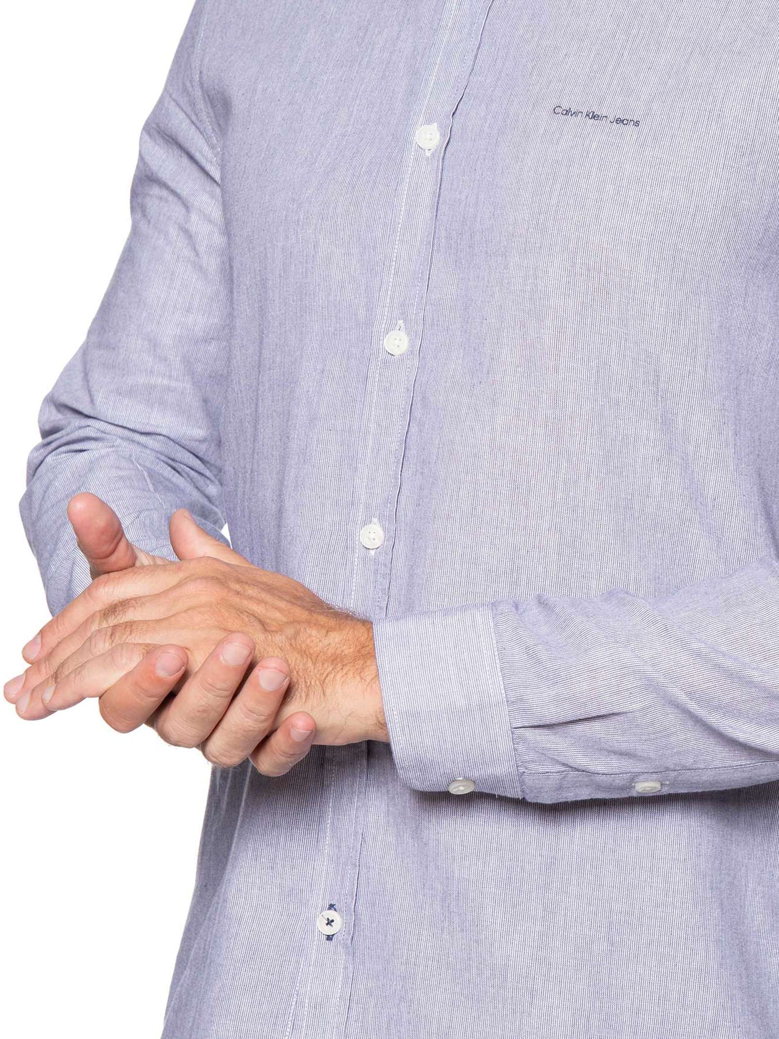 Camisa Masculina Manga Longa Slim Listrada Silk Logo Azul Calvin Klein Jeans