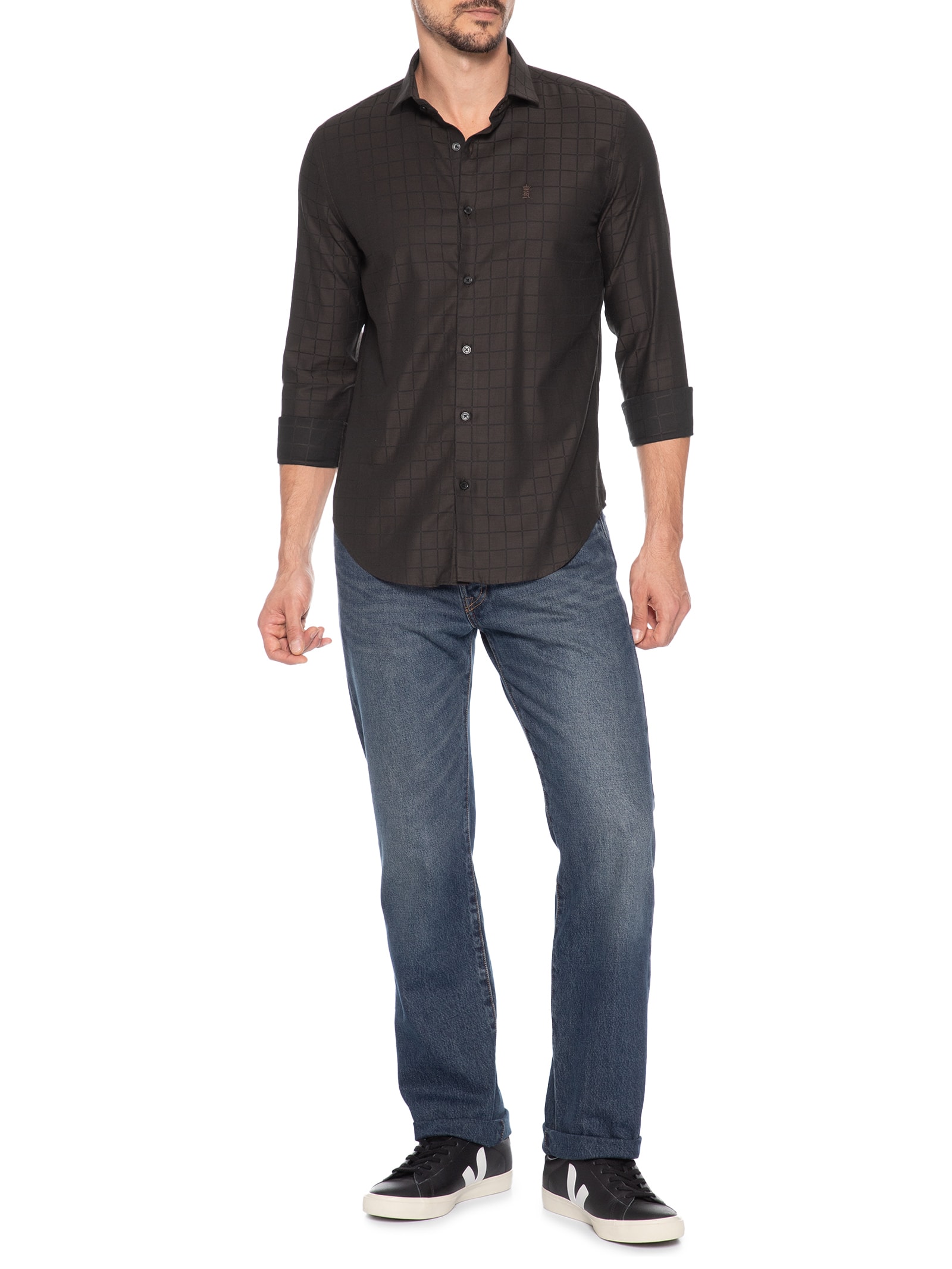 Camisa Masculina Maquineta Tme Mid Quadros Marrom Sergio K