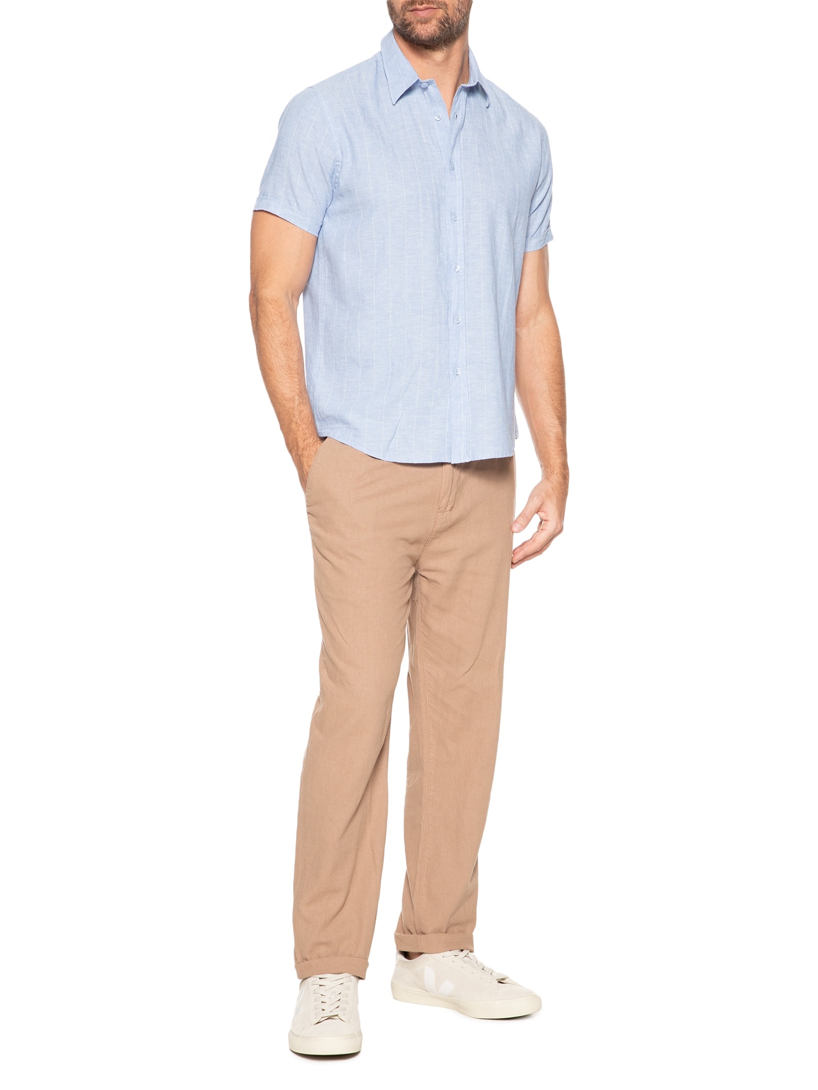 Camisa Masculina Misto Linho Manga Curta Azul '2 Essential