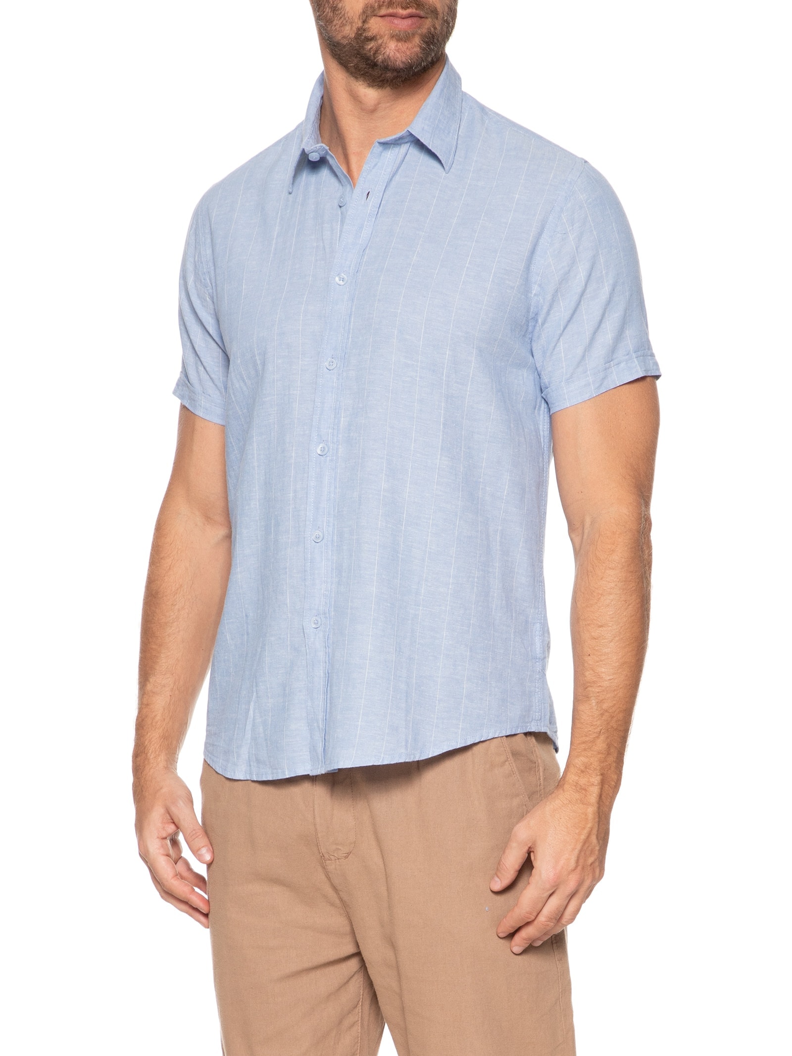 Camisa Masculina Misto Linho Manga Curta Azul '2 Essential