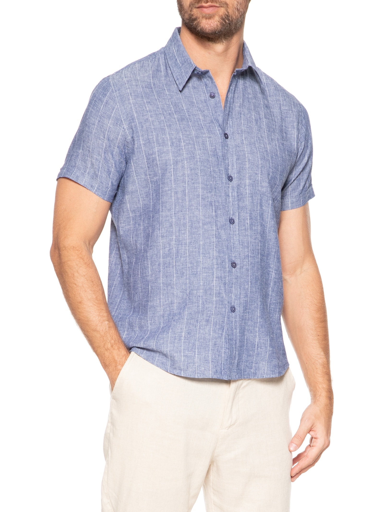 Camisa Masculina Misto Linho Manga Curta Azul '2 Essential