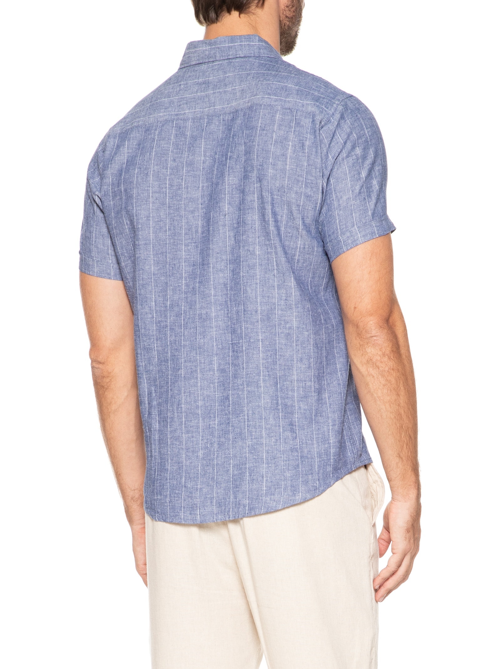 Camisa Masculina Misto Linho Manga Curta Azul '2 Essential