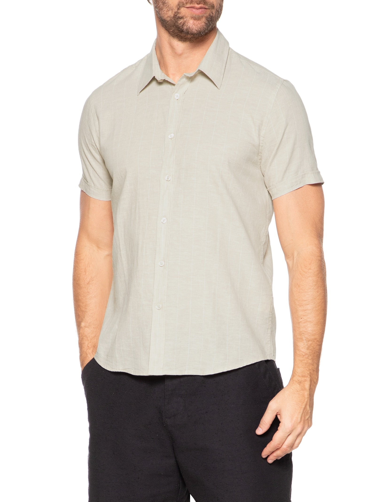Camisa Masculina Misto Linho Manga Curta Bege '2 Essential