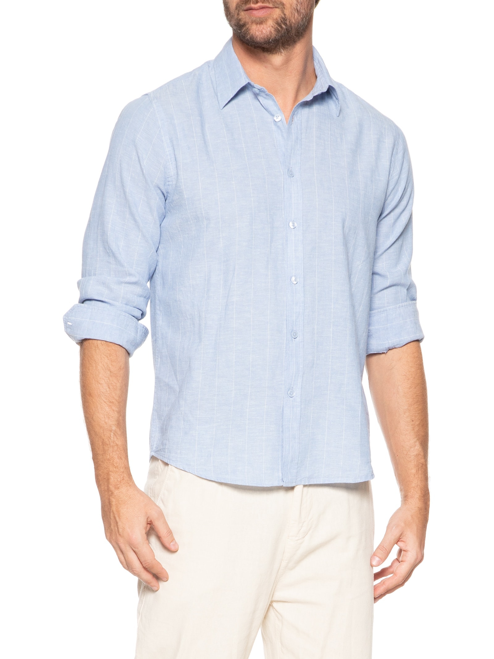 Camisa Masculina Misto Linho Manga Longa Azul '2 Essential