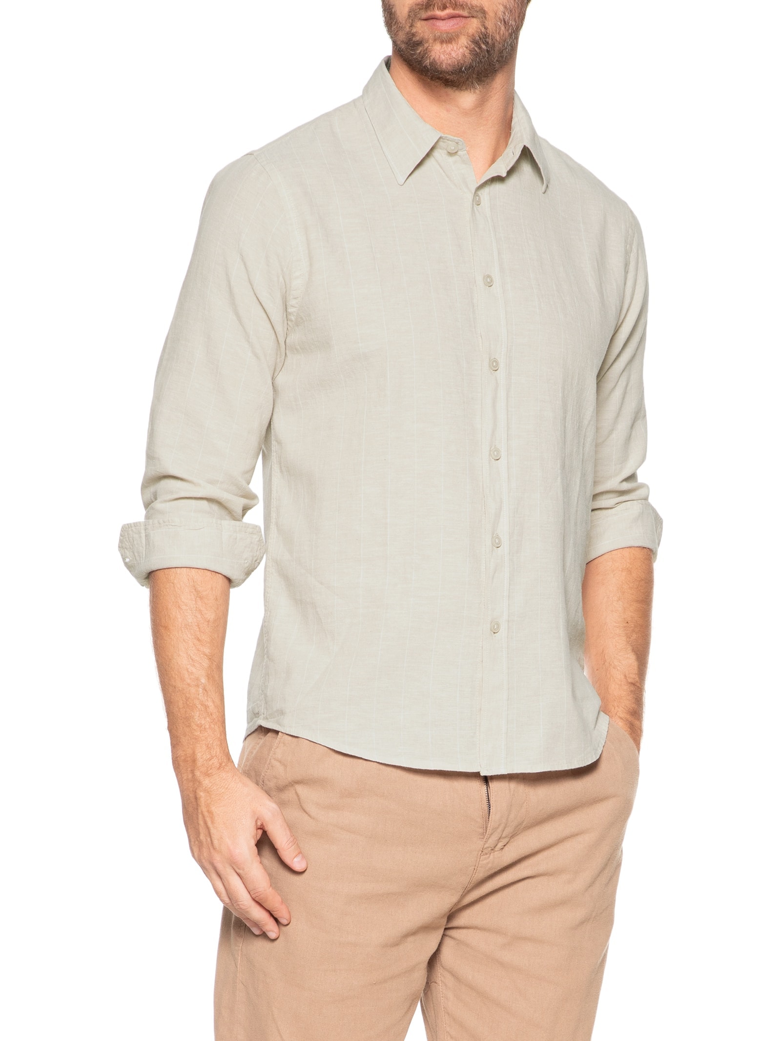 Camisa Masculina Misto Linho Manga Longa Bege '2 Essential