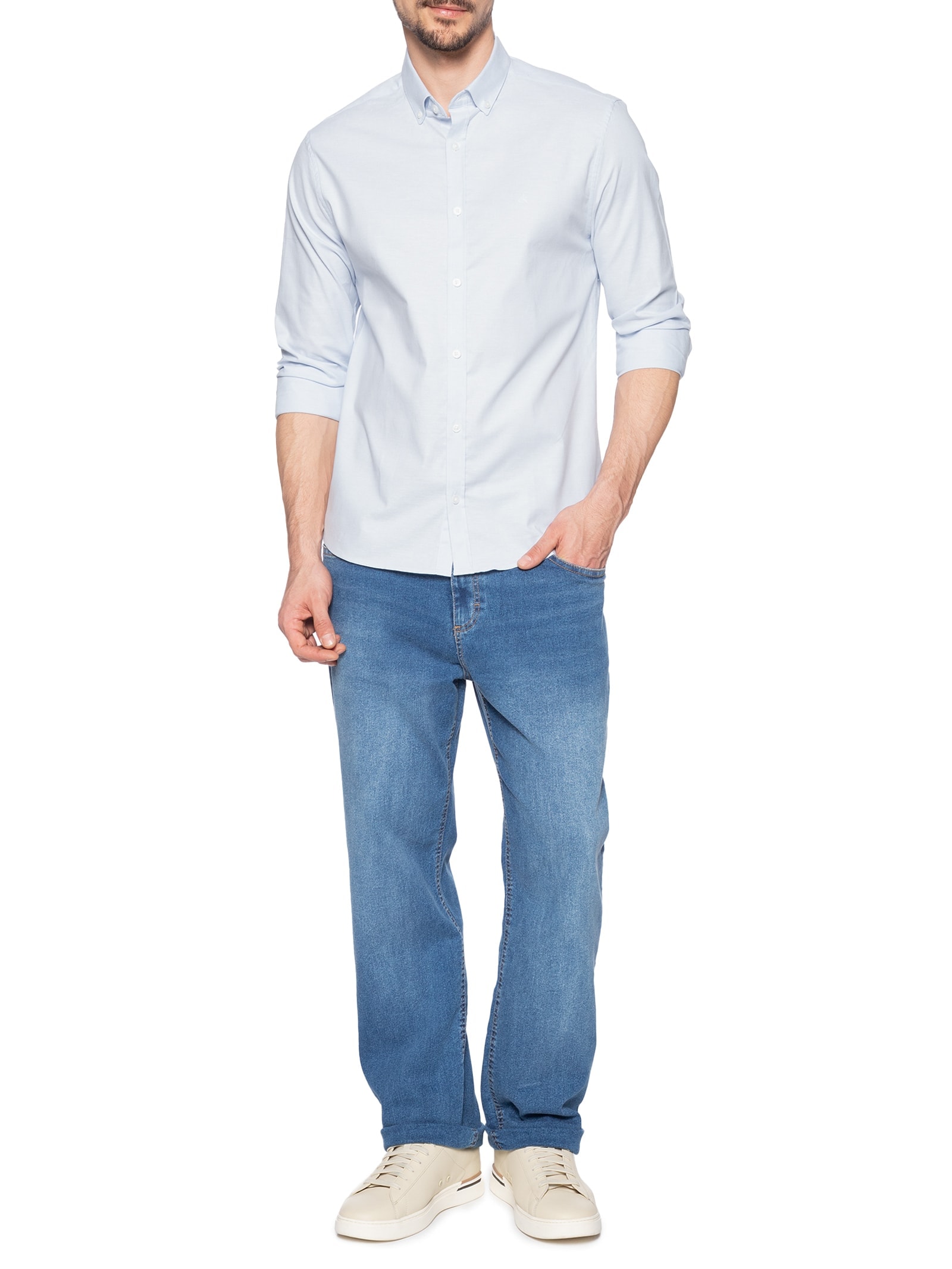 Camisa Masculina  Ml Regular Oxford Com Elastano Azul Calvin Klein - White Label