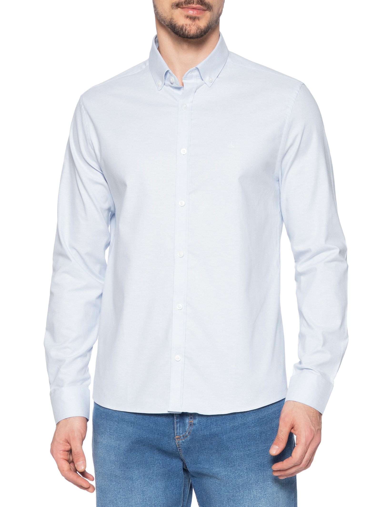 Camisa Masculina  Ml Regular Oxford Com Elastano Azul Calvin Klein - White Label