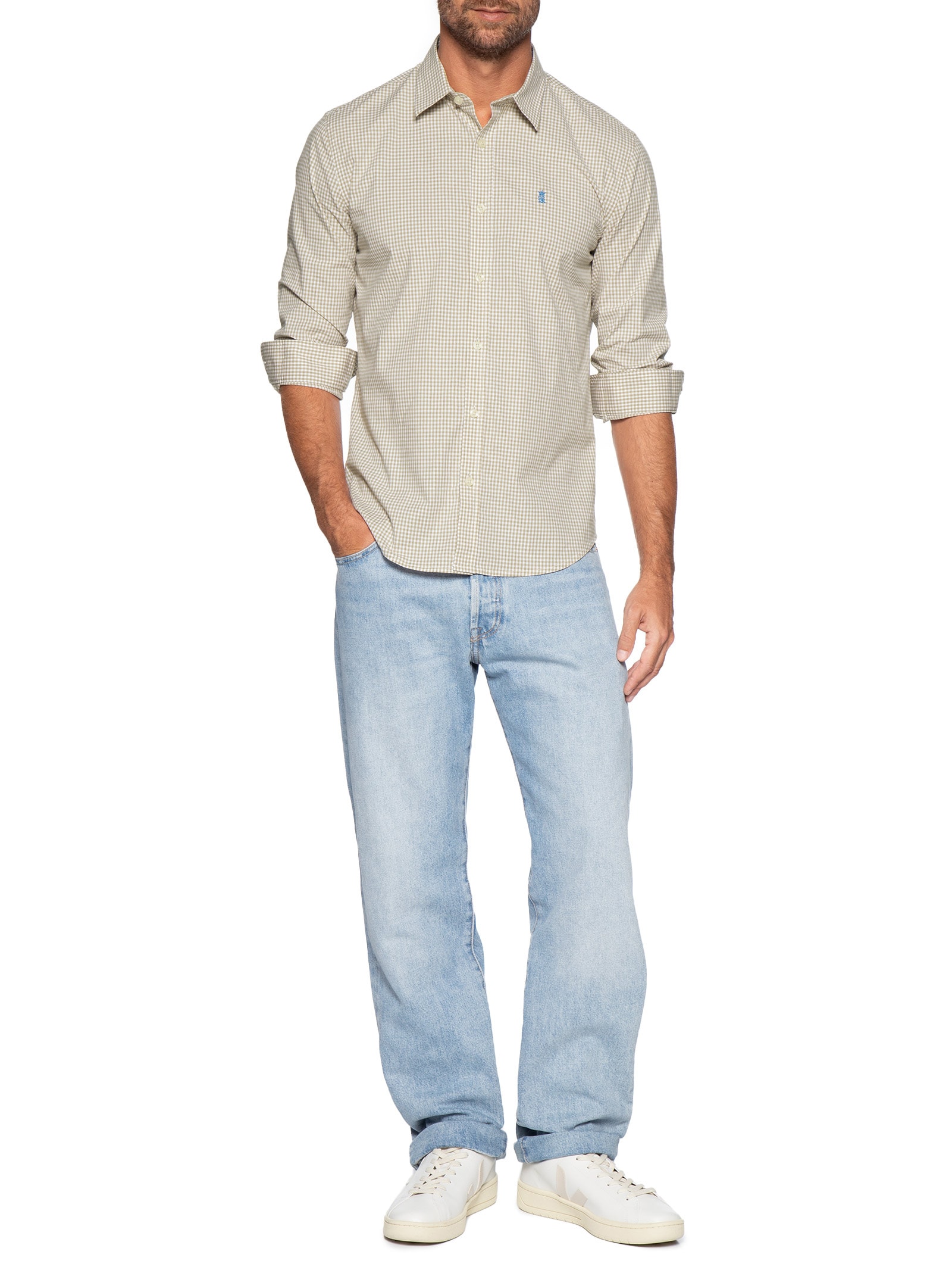 Camisa Masculina ML Vichy Bicolor Bege Sergio K