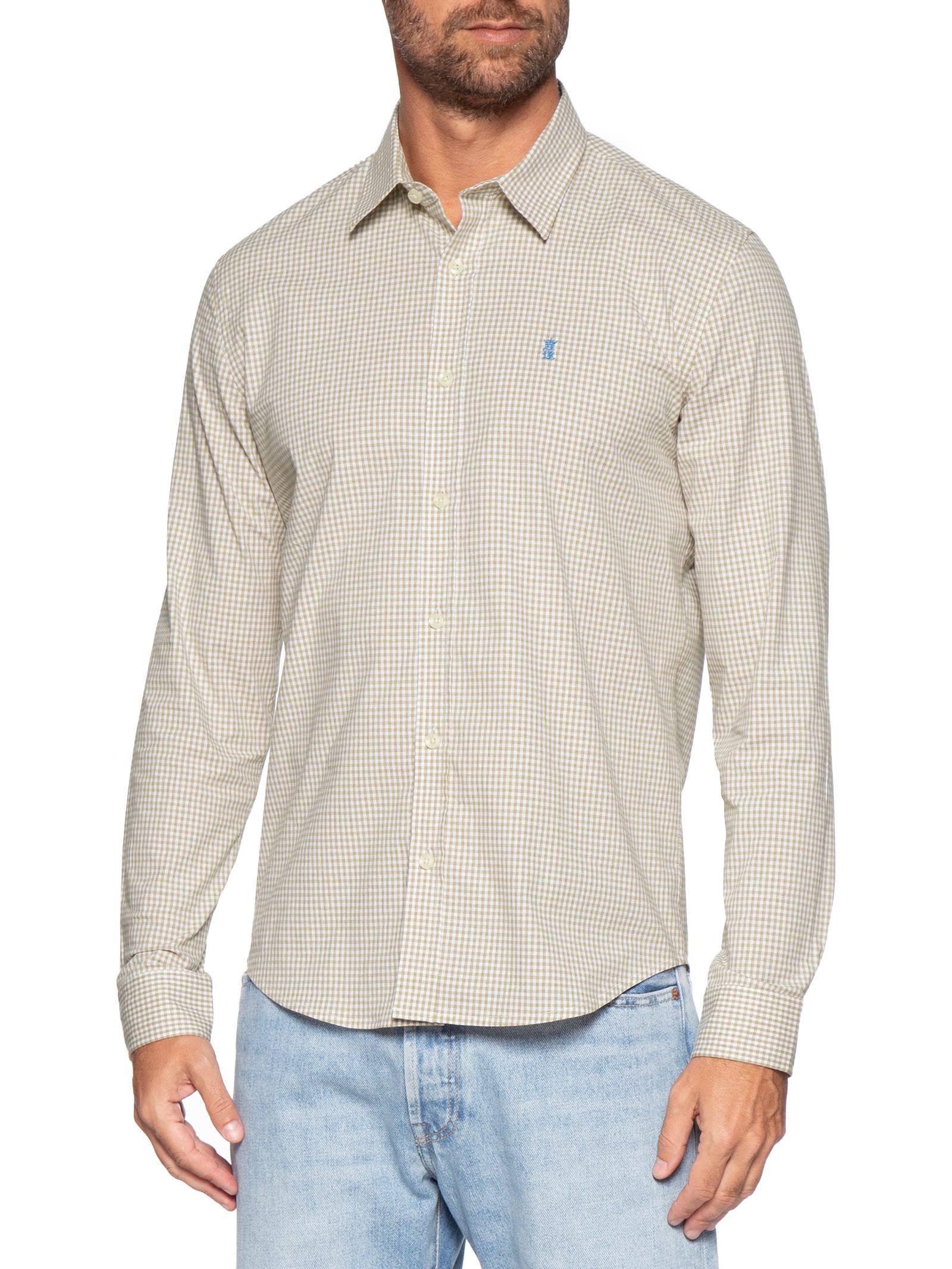 Camisa Masculina ML Vichy Bicolor Bege Sergio K
