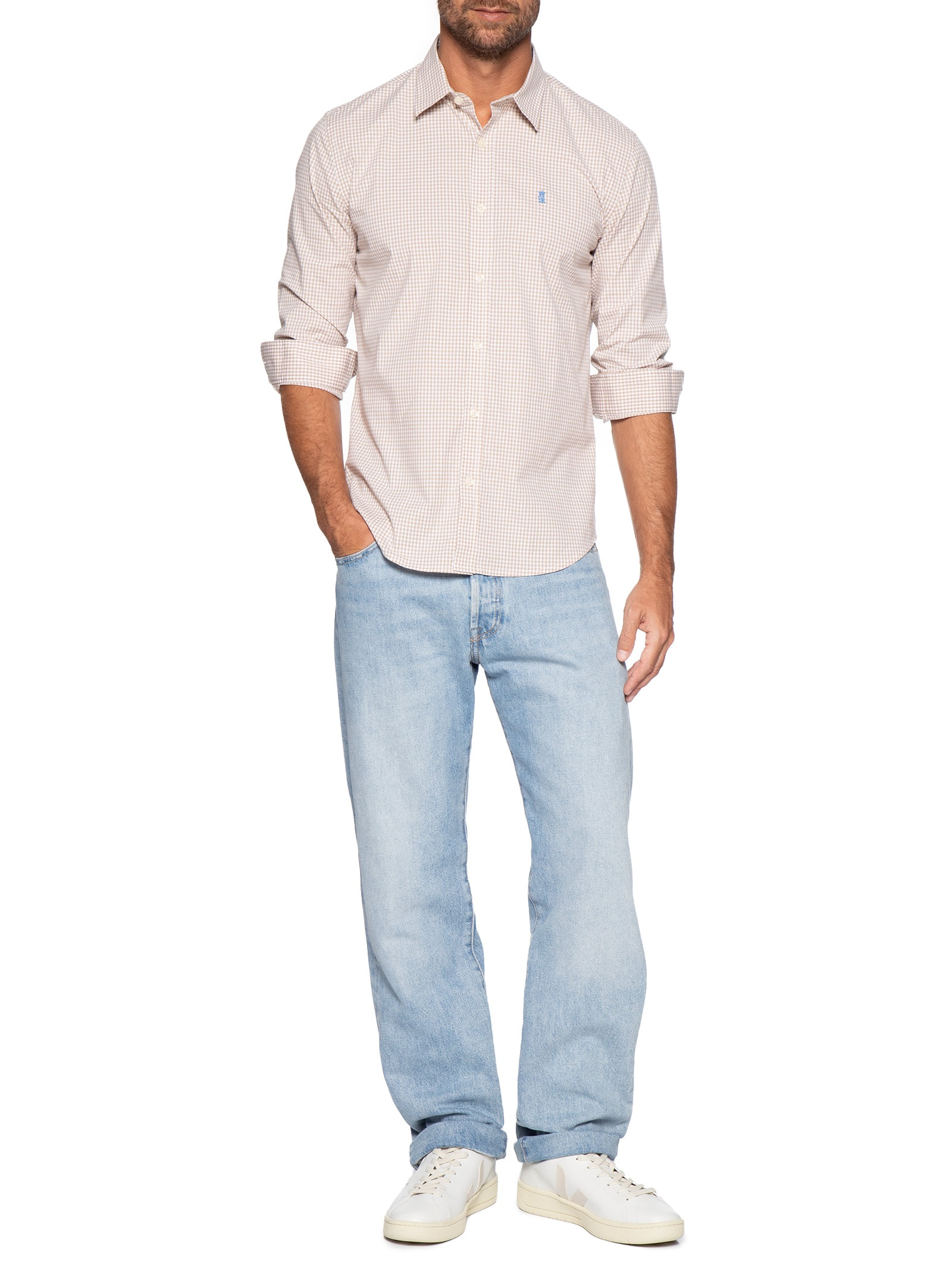Camisa Masculina ML Vichy Bicolor Bege Sergio K