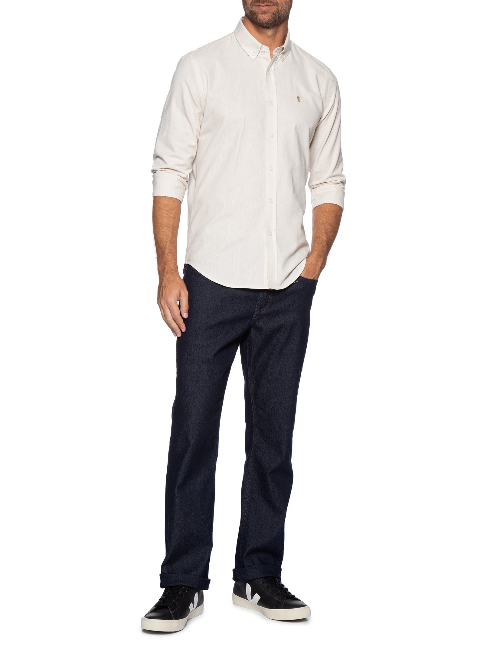 Camisa Masculina Oxford Button Down Bege Sergio K