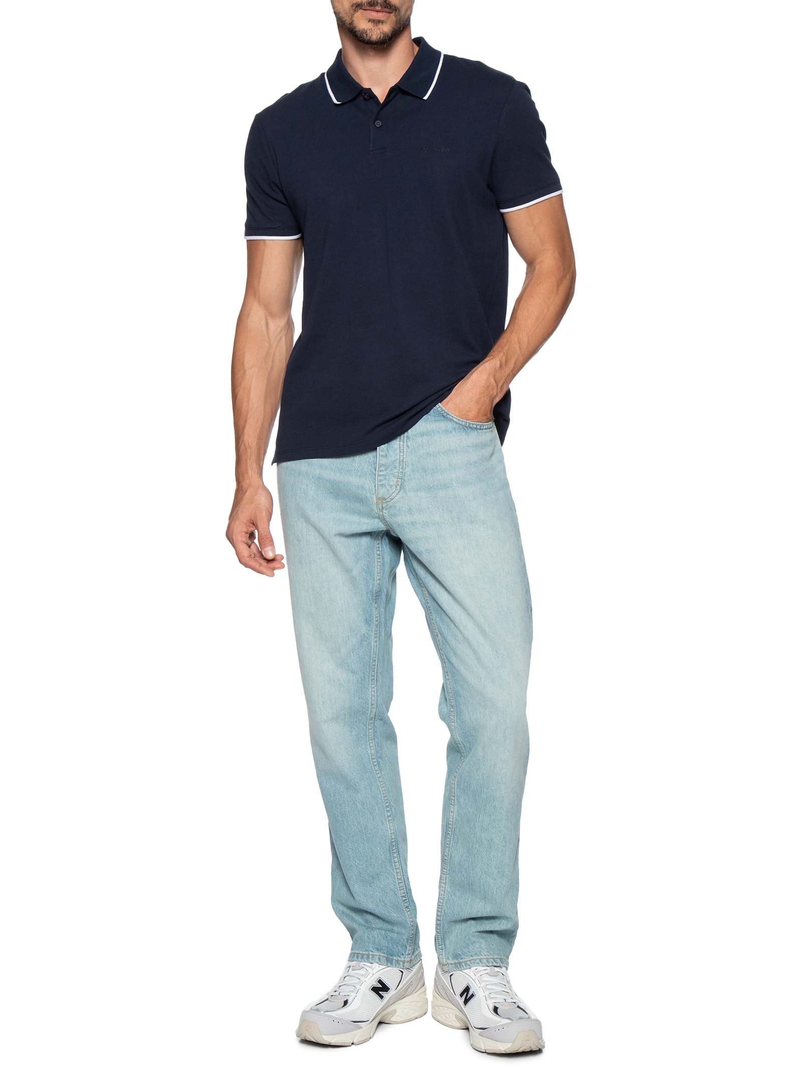 Camisa Masculina Polo Manga Curta Stretch Pique Azul Calvin Klein - White Label