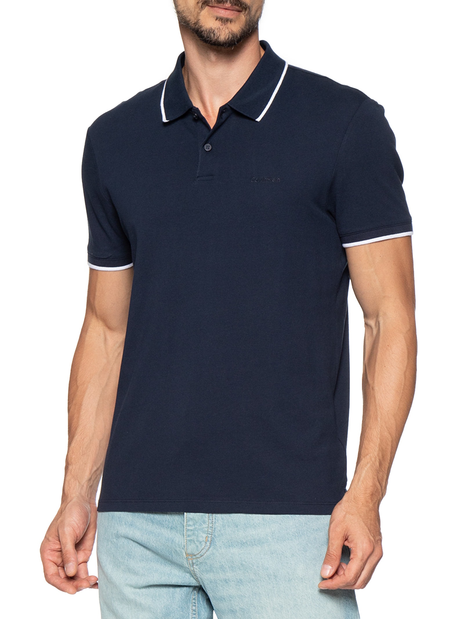 Camisa Masculina Polo Manga Curta Stretch Pique Azul Calvin Klein - White Label