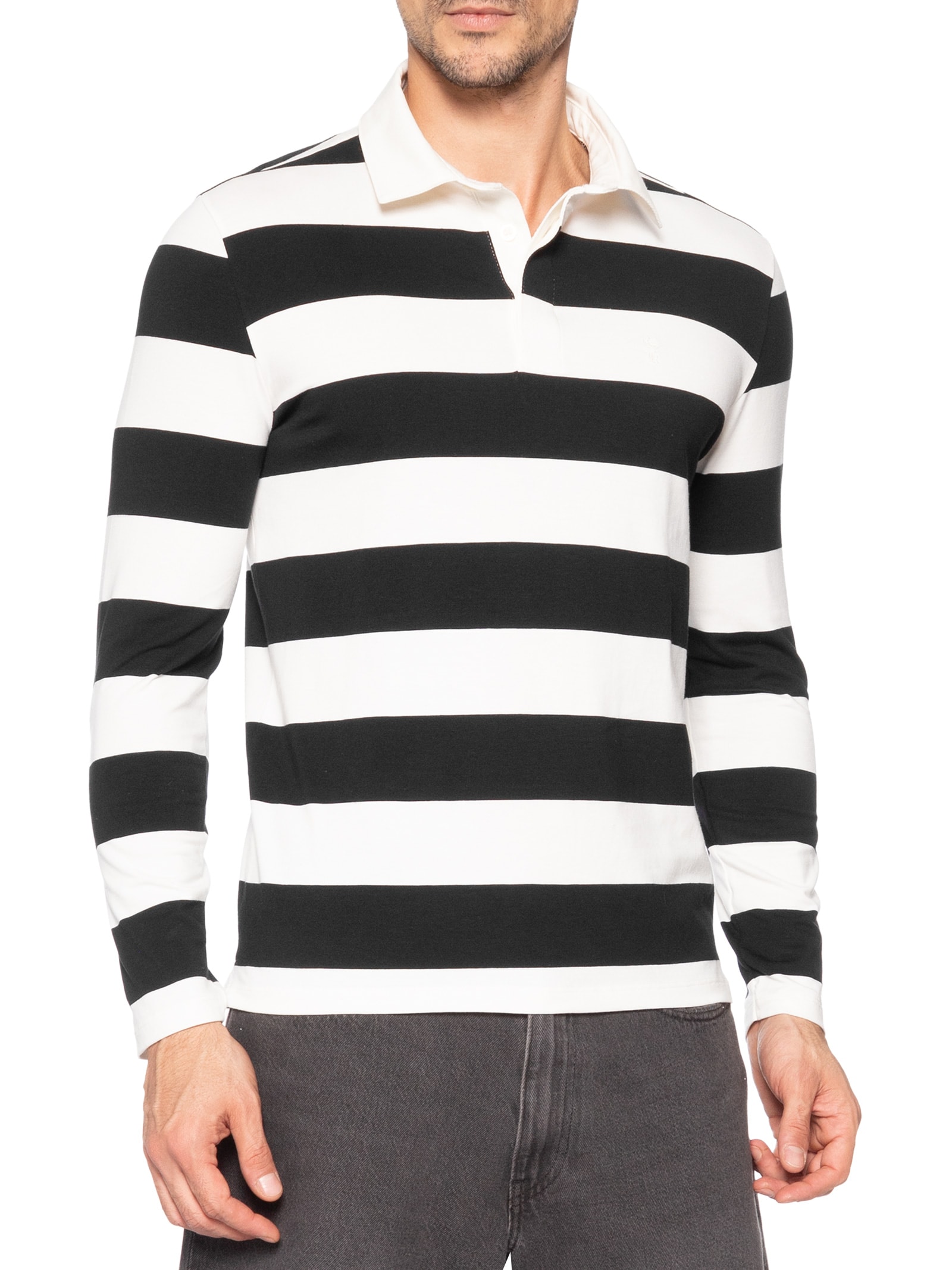 Camisa Masculina Polo Manga Longa Rugby Listrada Branco Sergio K