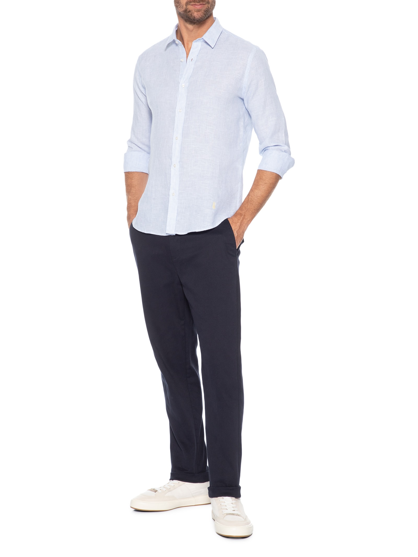 Camisa Masculina Puro Linho Listrado Azul Pineapple