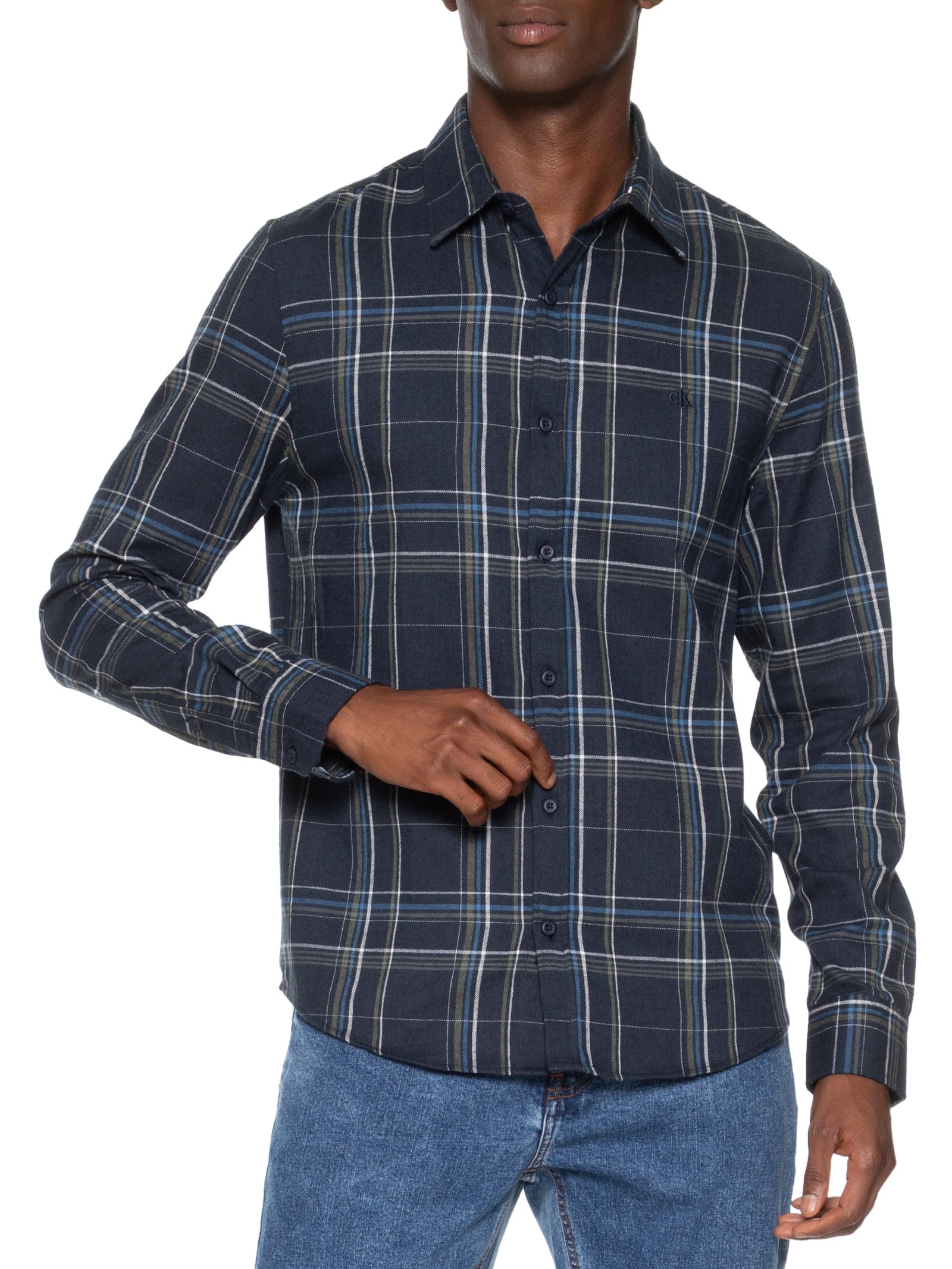 Camisa Masculina Regular Check Excl Azul Calvin Klein Jeans