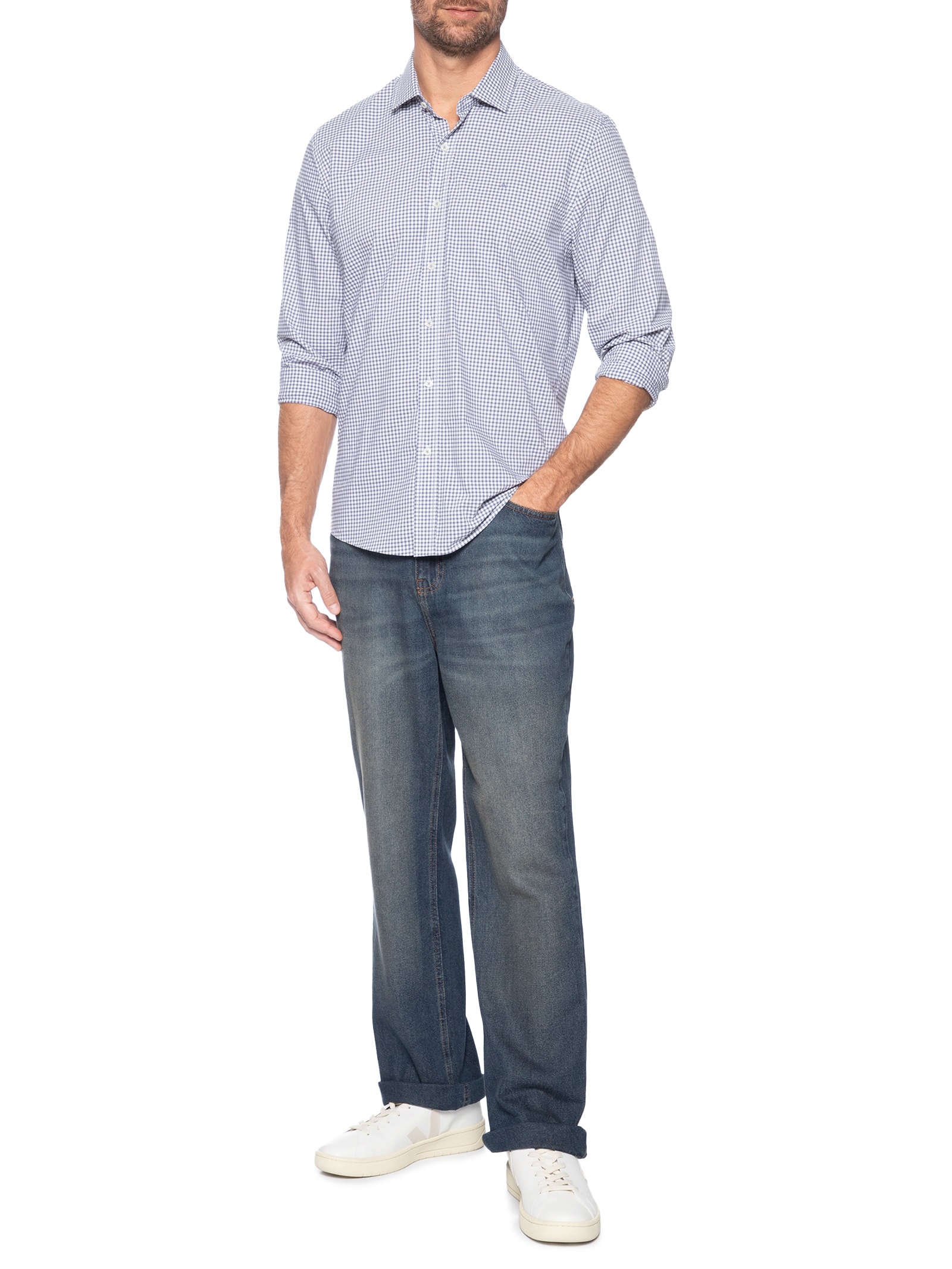 Camisa Masculina Regular Em Algodão Fio 60 Xadrez Cinza Aramis