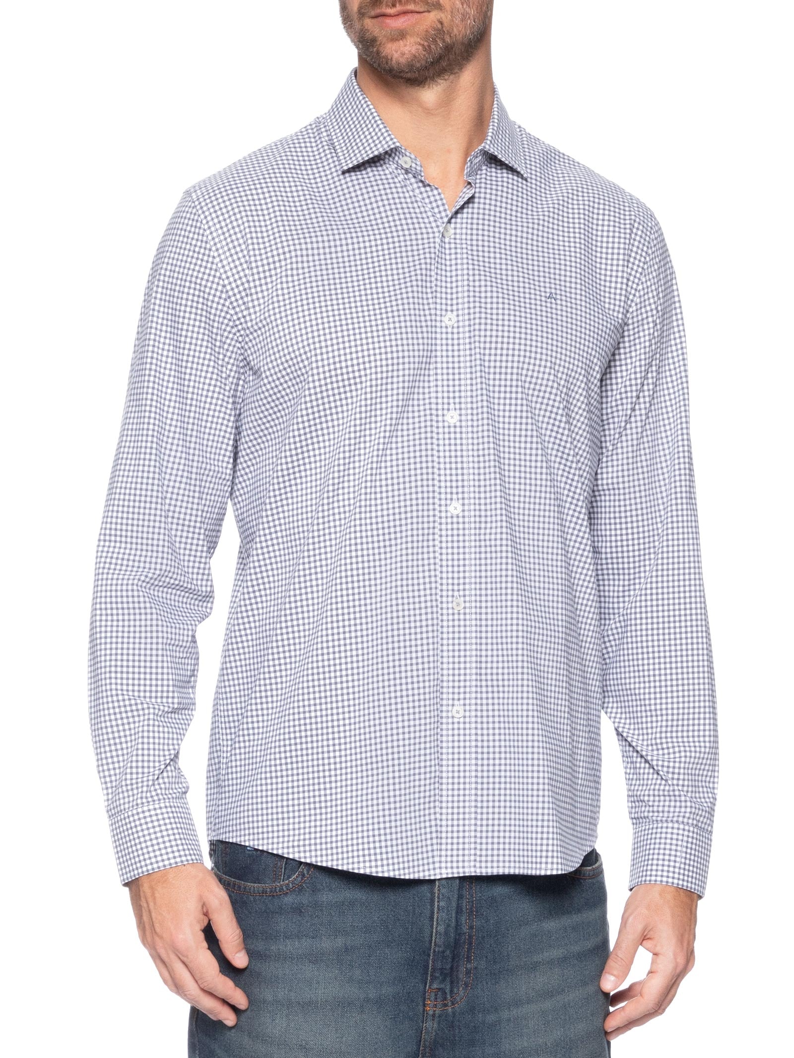 Camisa Masculina Regular Em Algodão Fio 60 Xadrez Cinza Aramis