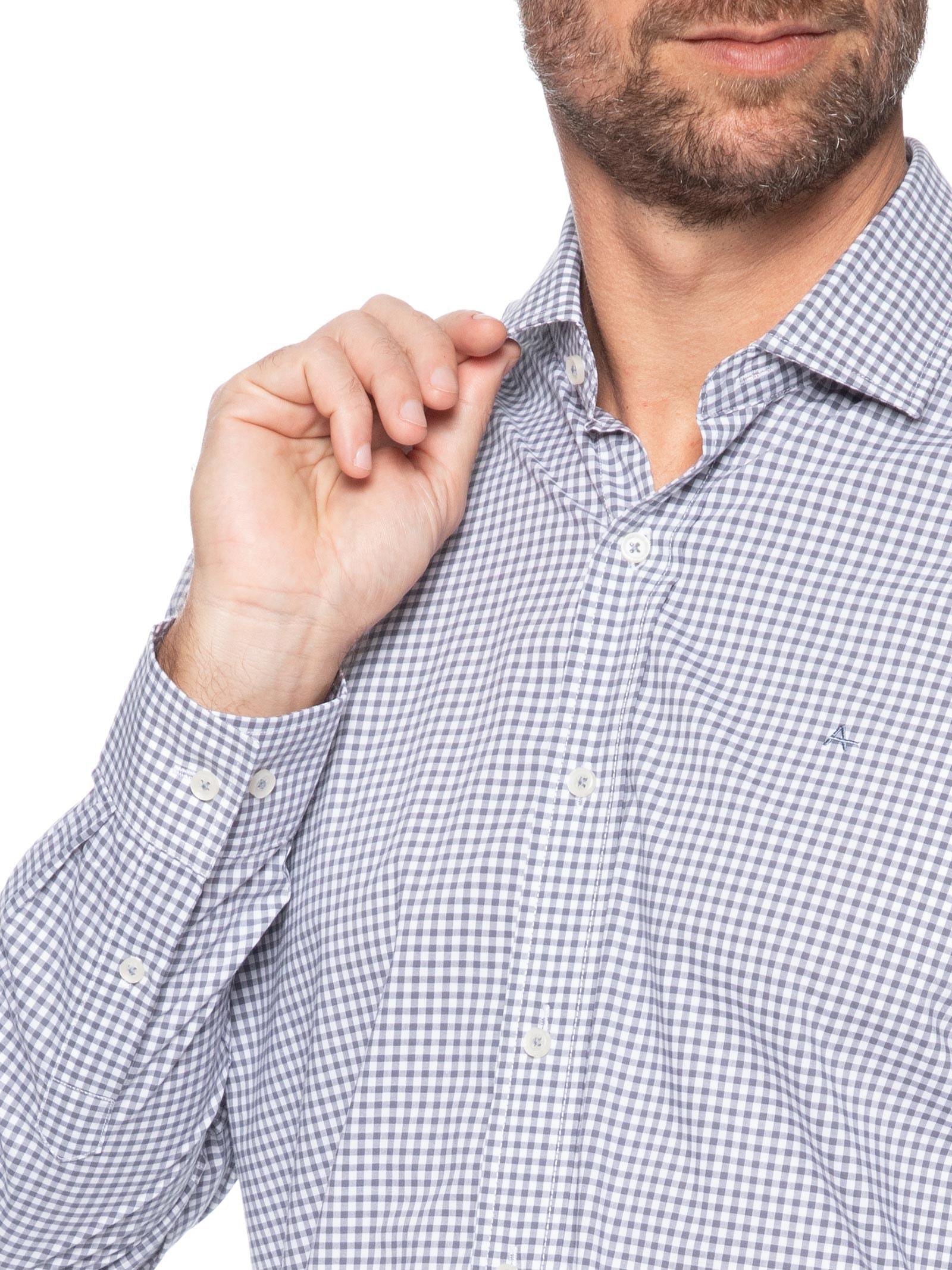Camisa Masculina Regular Em Algodão Fio 60 Xadrez Cinza Aramis