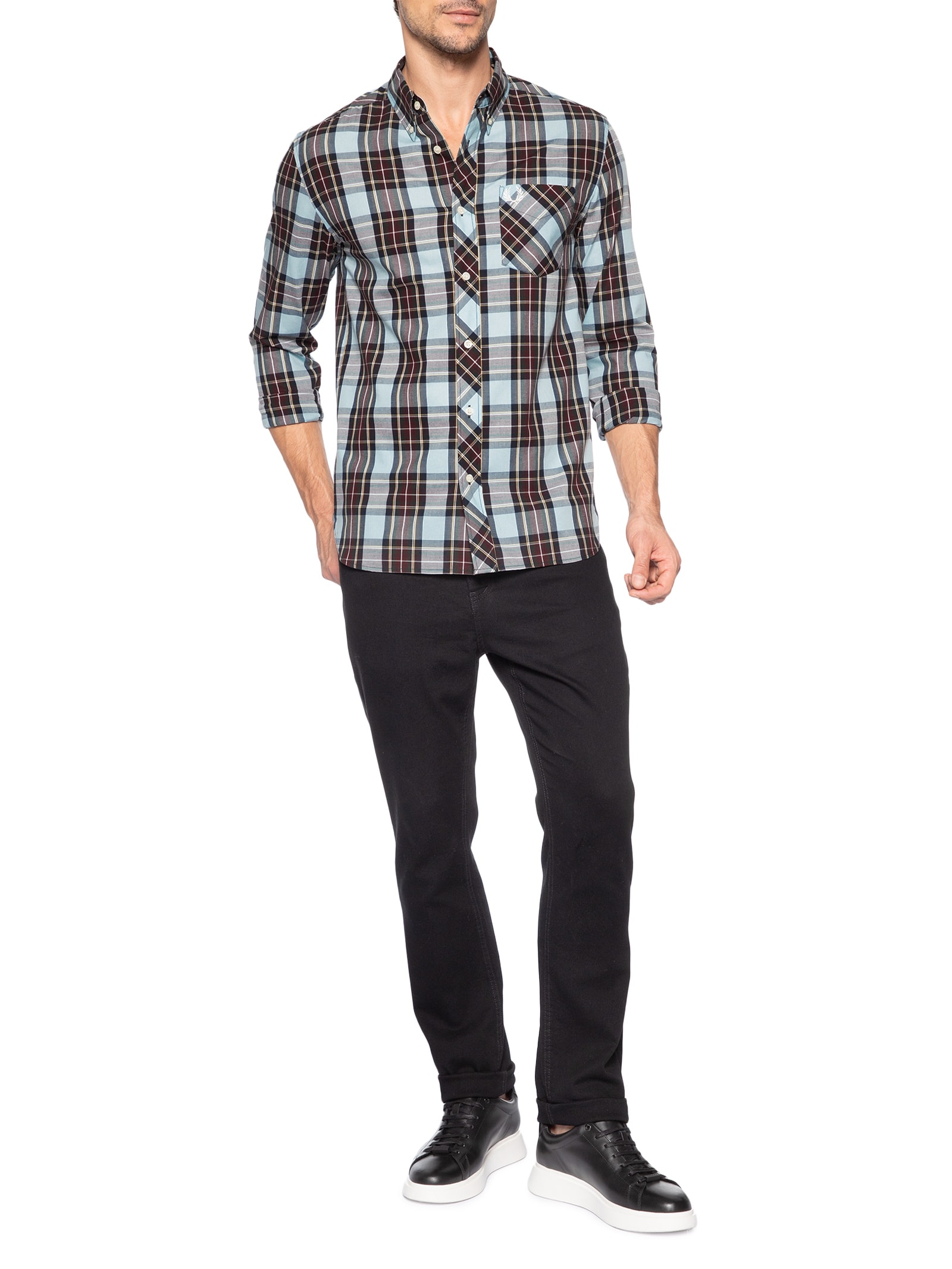 Camisa Masculina Regular Fit Classic Tartan Em Algodão Azul Fred Perry