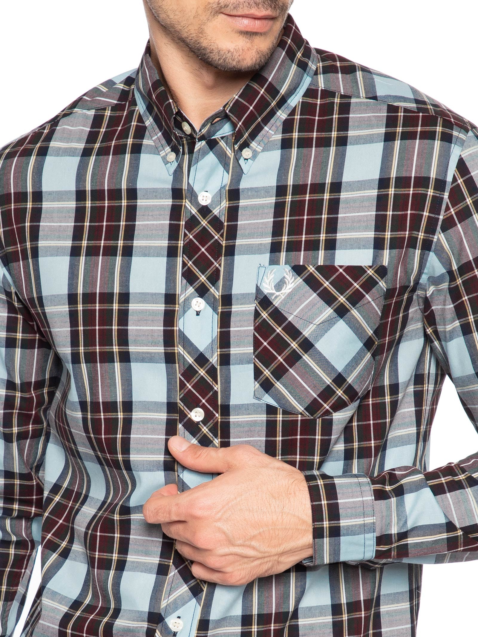 Camisa Masculina Regular Fit Classic Tartan Em Algodão Azul Fred Perry