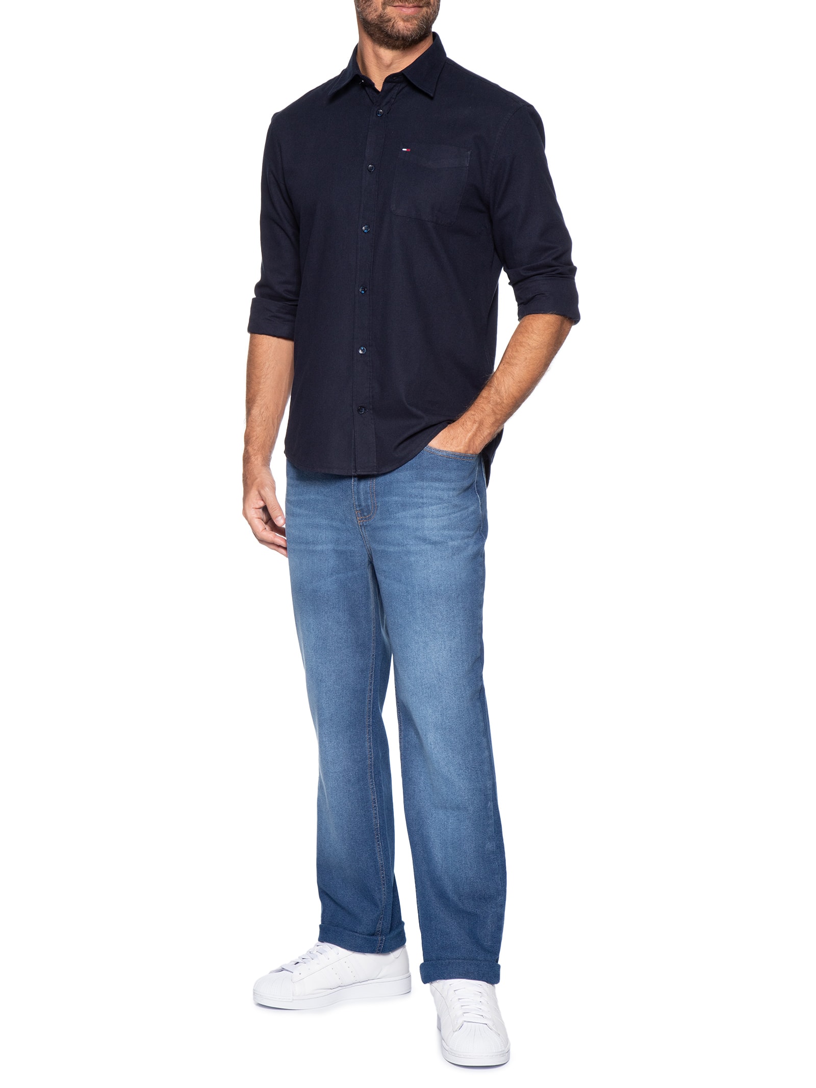 Camisa Masculina Regular Fit Com Bolso Azul Tommy Jeans