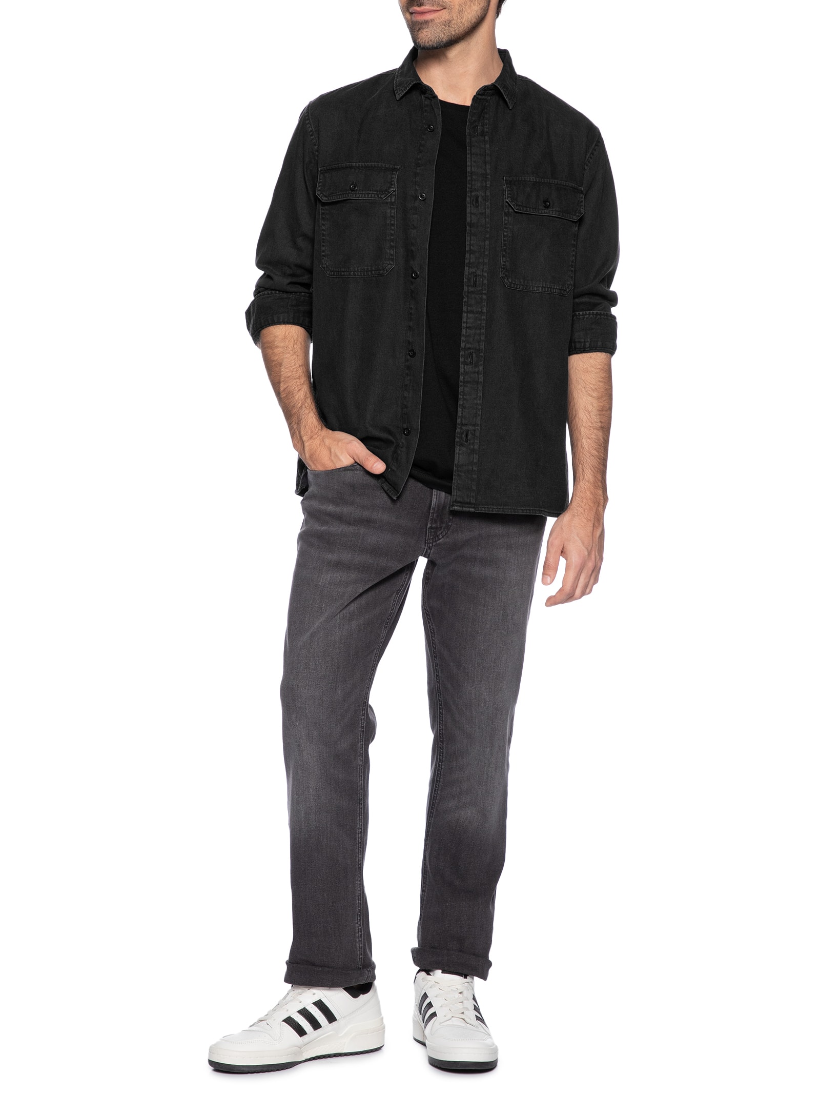 Camisa Masculina Regular Fit Com Bolsos Algodão Orgânico Preto Jack & Jones