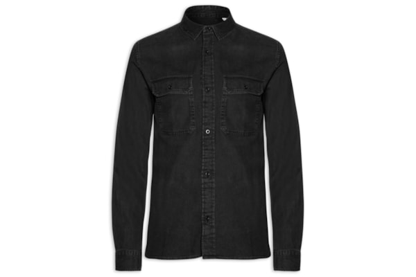 Camisa Masculina Regular Fit Com Bolsos Algodão Orgânico - Preto