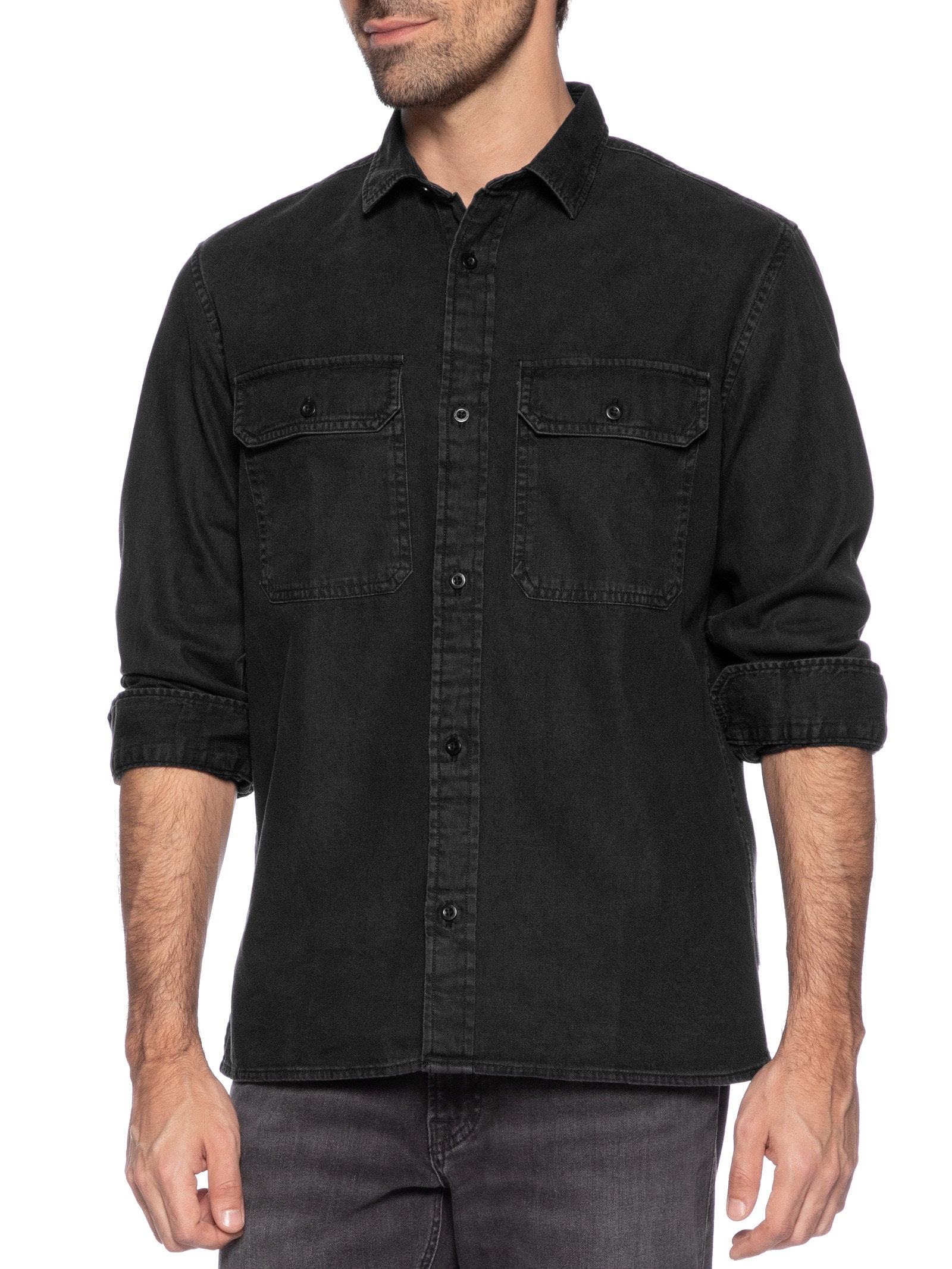 Camisa Masculina Regular Fit Com Bolsos Algodão Orgânico Preto Jack & Jones