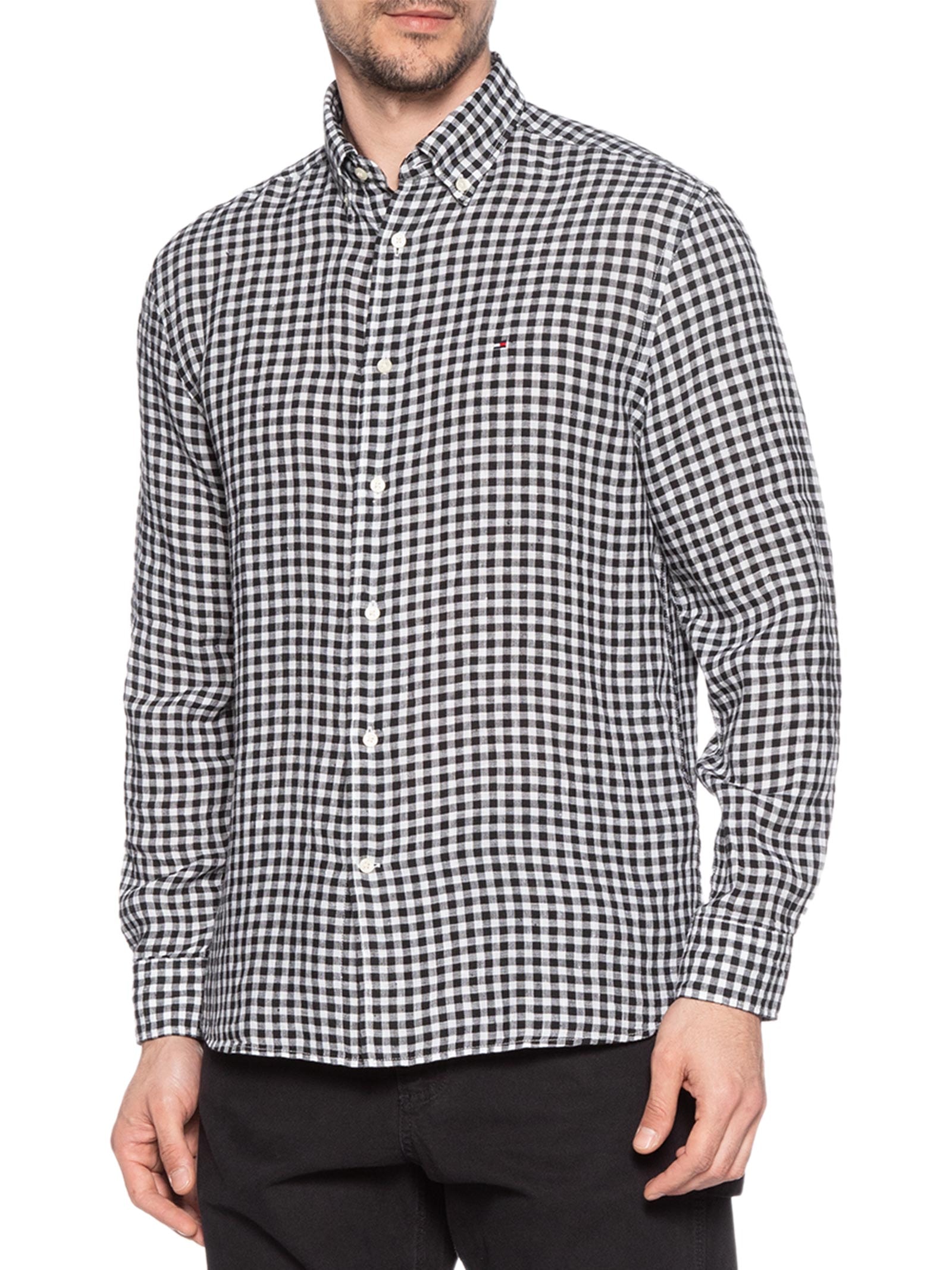 Camisa Masculina Regular Fit Em Linho Gingham Preto Tommy Hilfiger