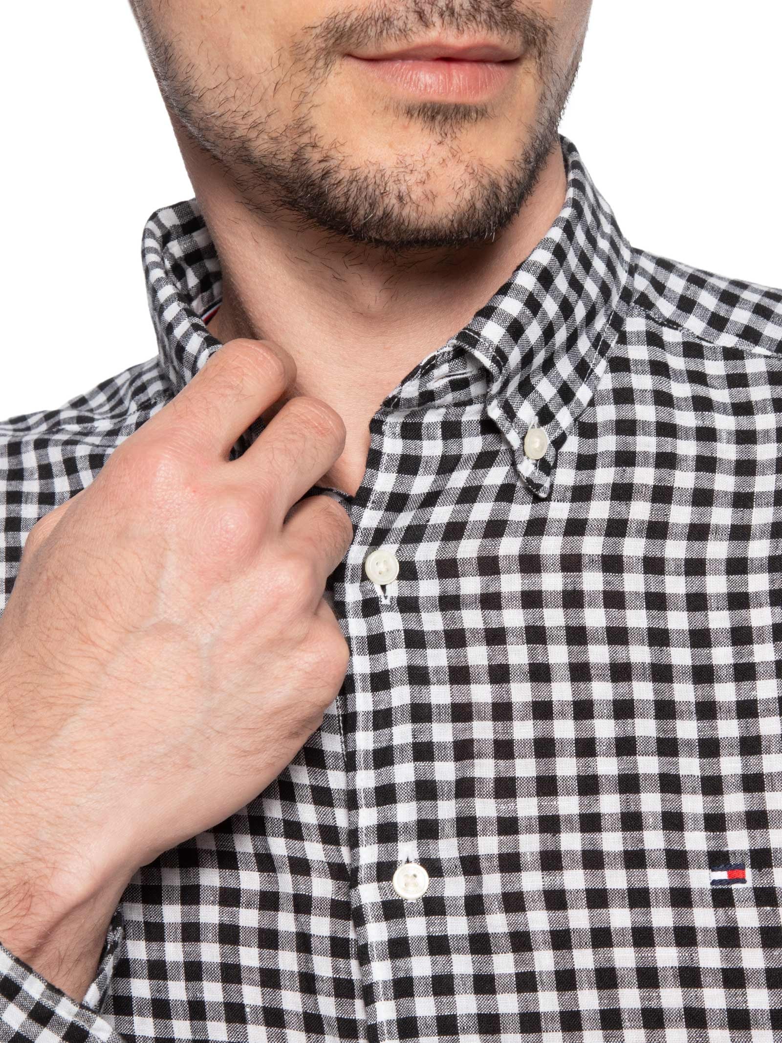 Camisa Masculina Regular Fit Em Linho Gingham Preto Tommy Hilfiger