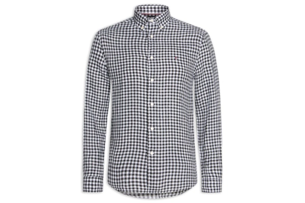 Camisa Masculina Regular Fit Em Linho Gingham - Preto