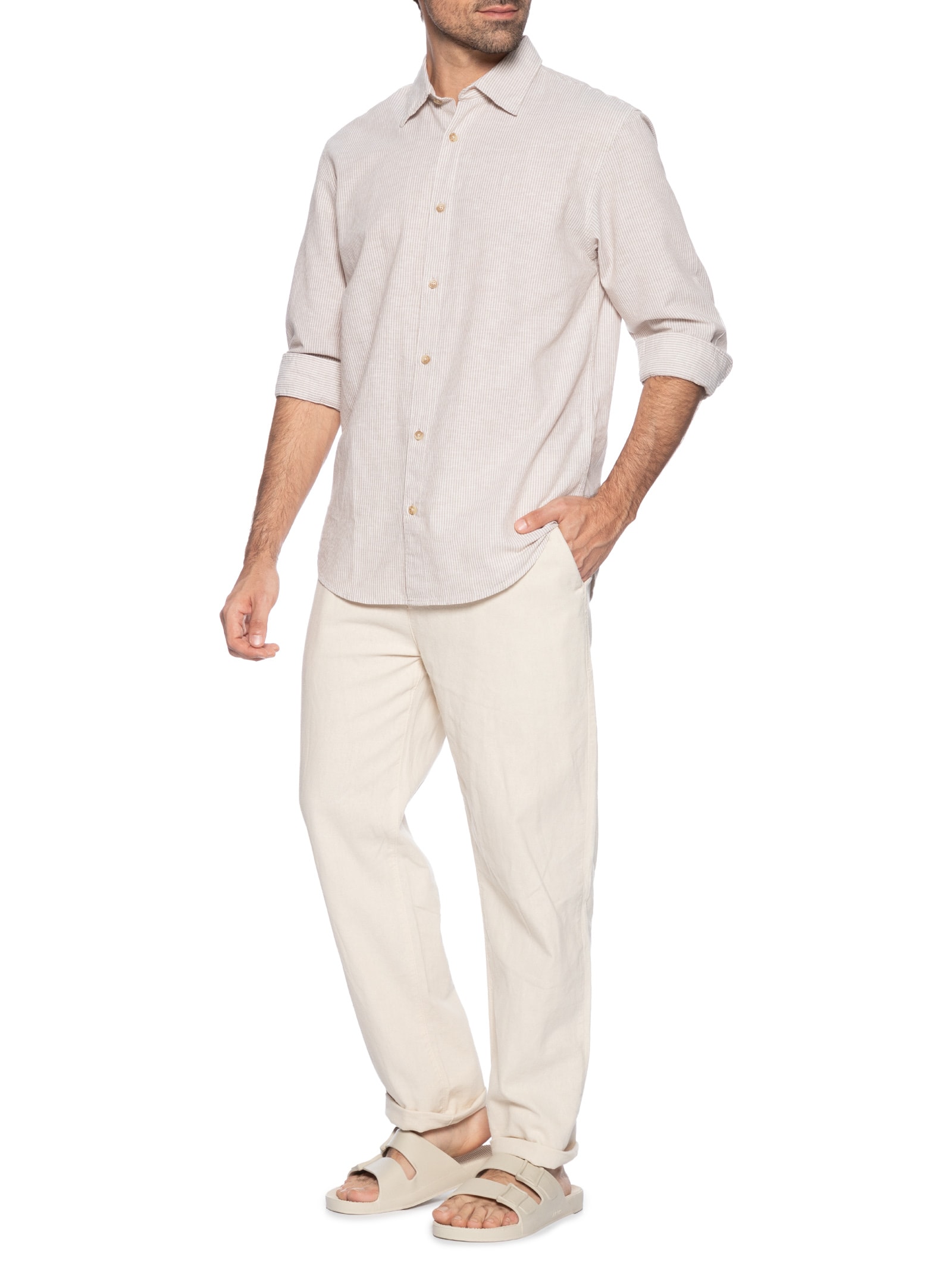 Camisa Masculina Regular Fit Gola Padre Linho Bege Jack & Jones