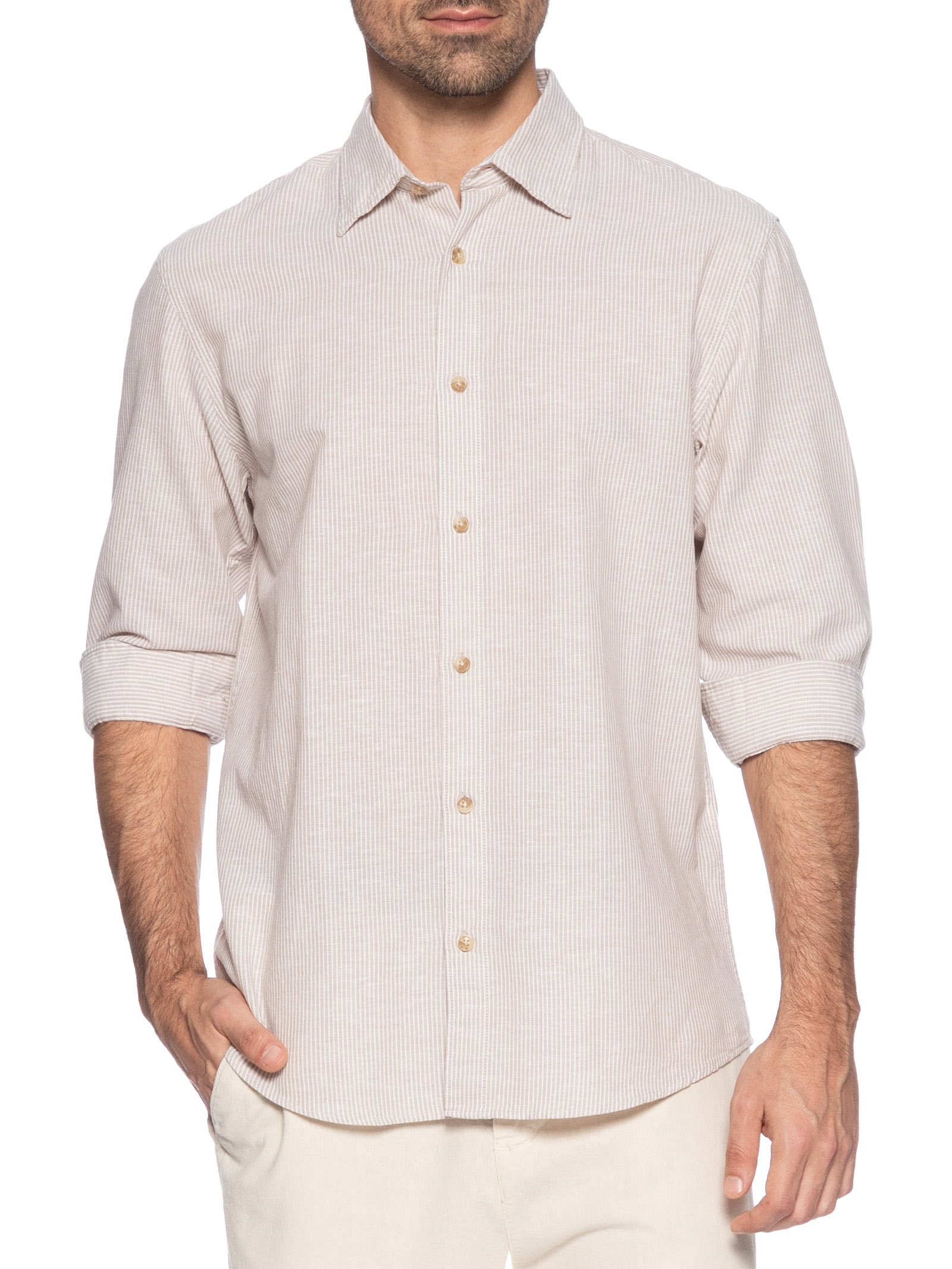 Camisa Masculina Regular Fit Gola Padre Linho Bege Jack & Jones