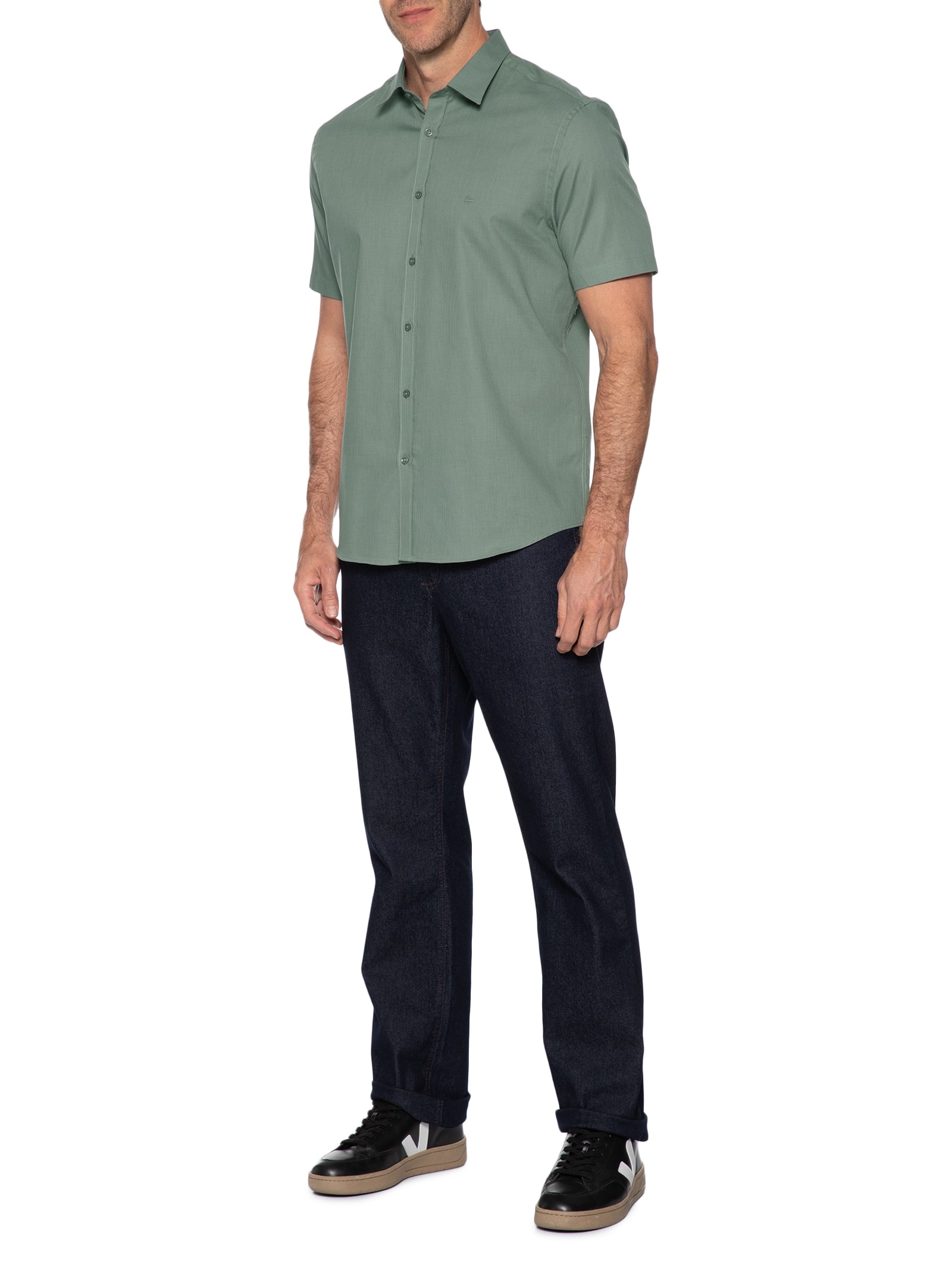 Camisa Masculina Regular Fit Mini Xadrez Verde Aramis